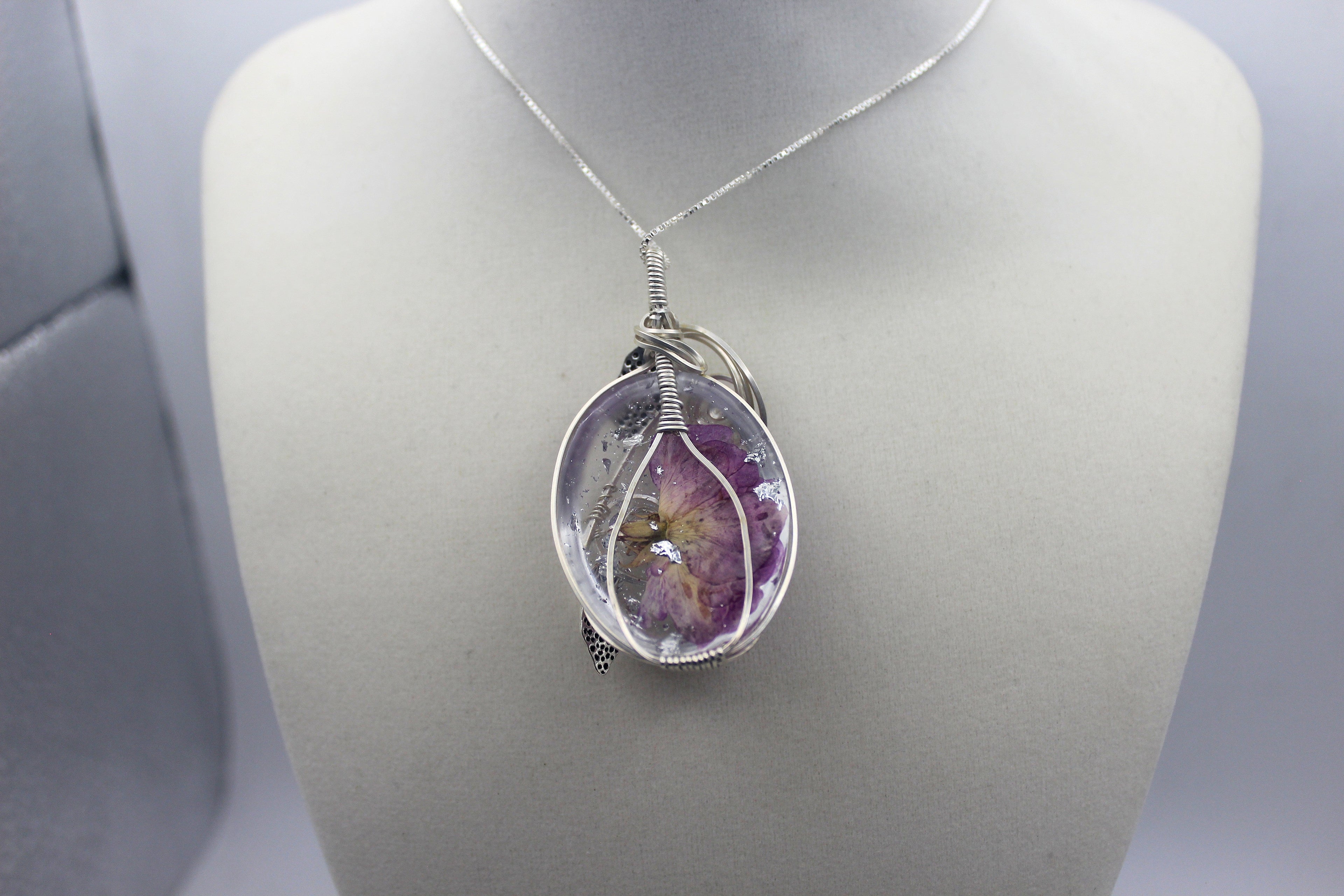 Silver Argentium Charmed Resin Purple Dried Flower Pendant Necklace | | Wiccan Center
