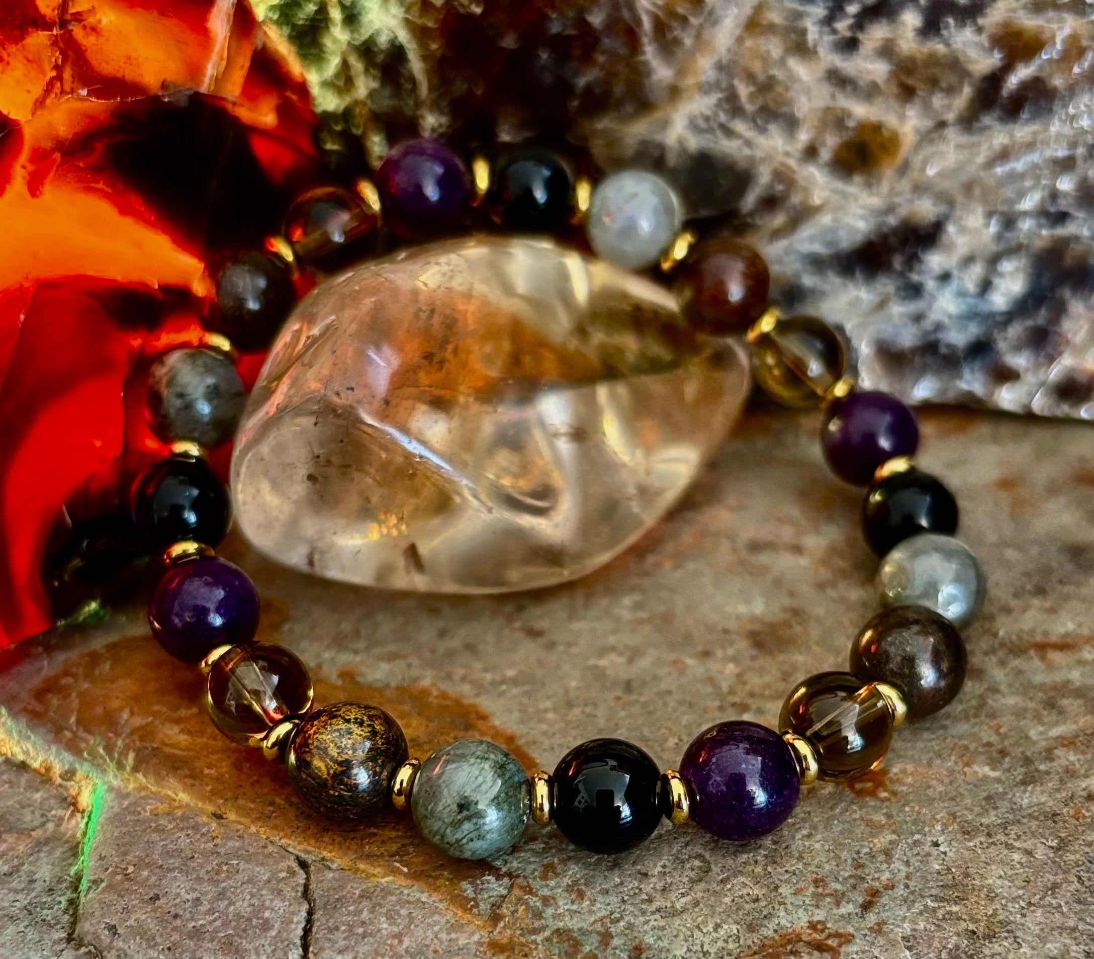 Mystic Energy - Labradorite, Amethyst, Smoky Quartz, Black Onyx & Tiger’s Eye Reiki-Infused Protection & Balance Bracelet | | Wiccan Center
