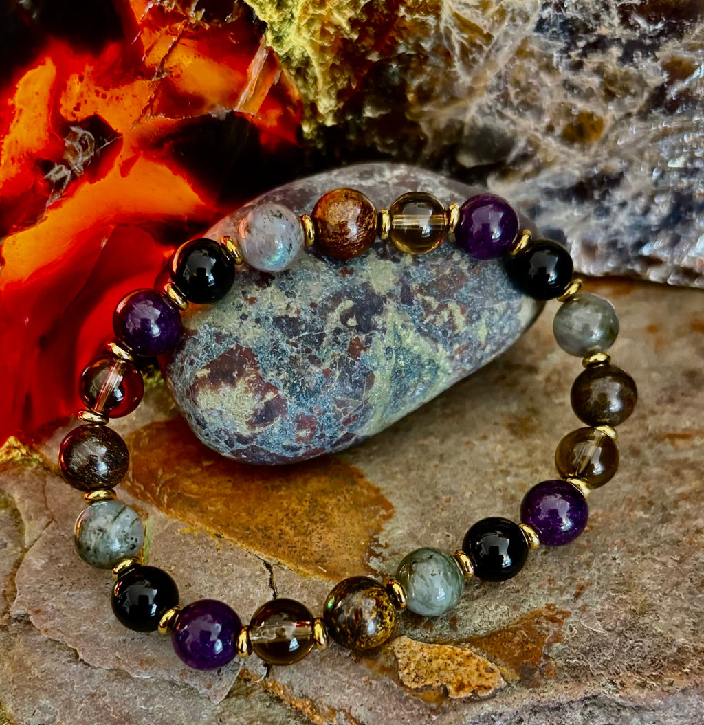 Mystic Energy - Labradorite, Amethyst, Smoky Quartz, Black Onyx & Tiger’s Eye Reiki-Infused Protection & Balance Bracelet | | Wiccan Center