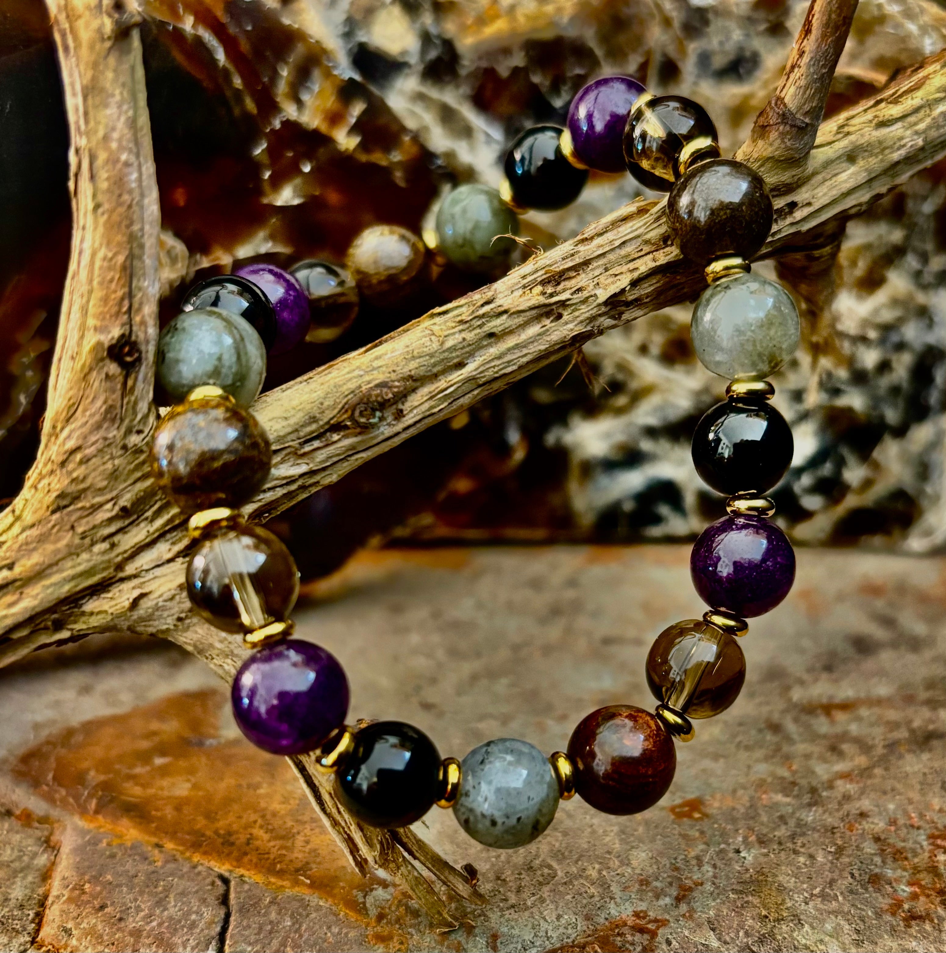 Mystic Energy - Labradorite, Amethyst, Smoky Quartz, Black Onyx & Tiger’s Eye Reiki-Infused Protection & Balance Bracelet | | Wiccan Center
