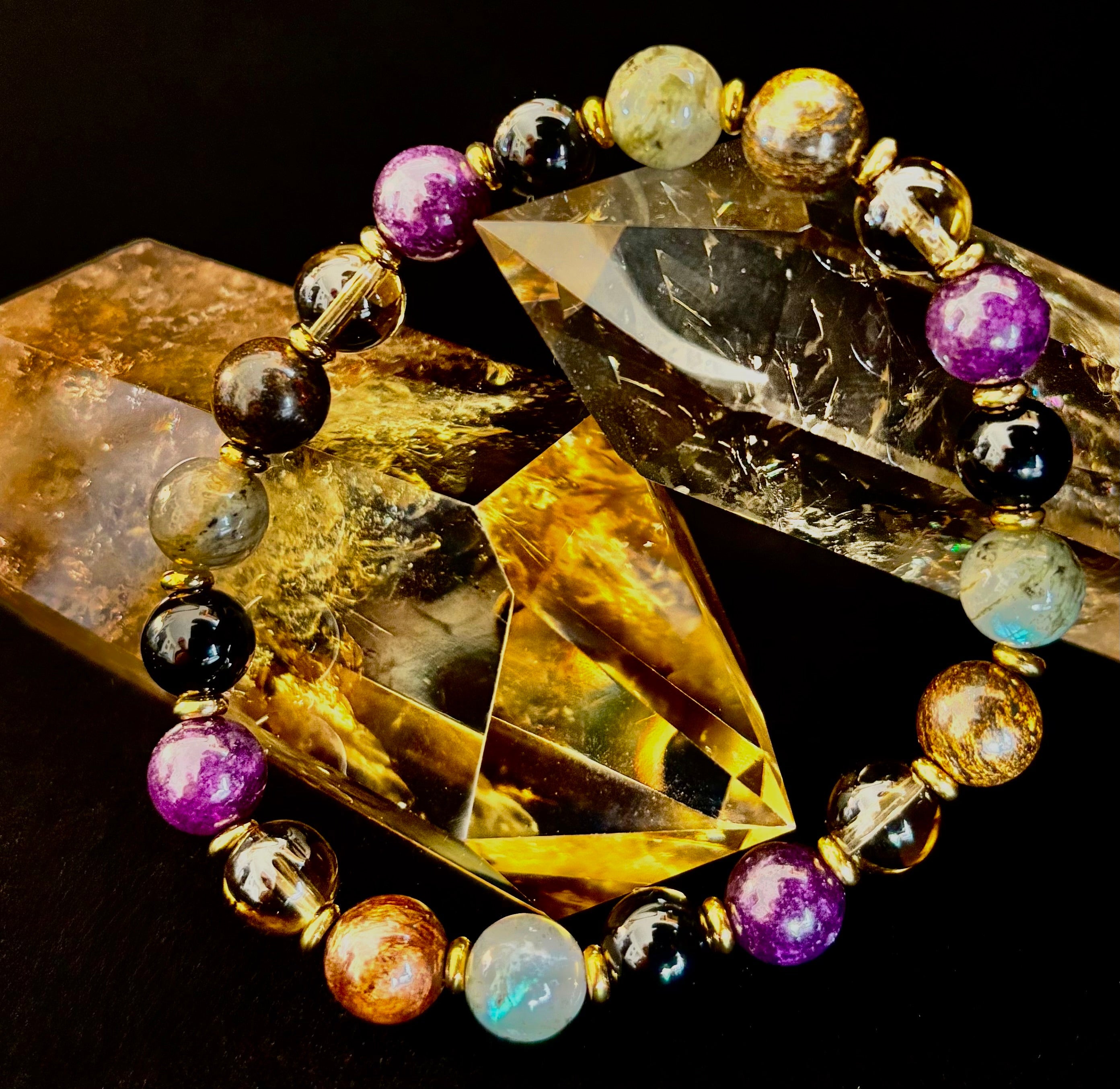 Mystic Energy - Labradorite, Amethyst, Smoky Quartz, Black Onyx & Tiger’s Eye Reiki-Infused Protection & Balance Bracelet | | Wiccan Center
