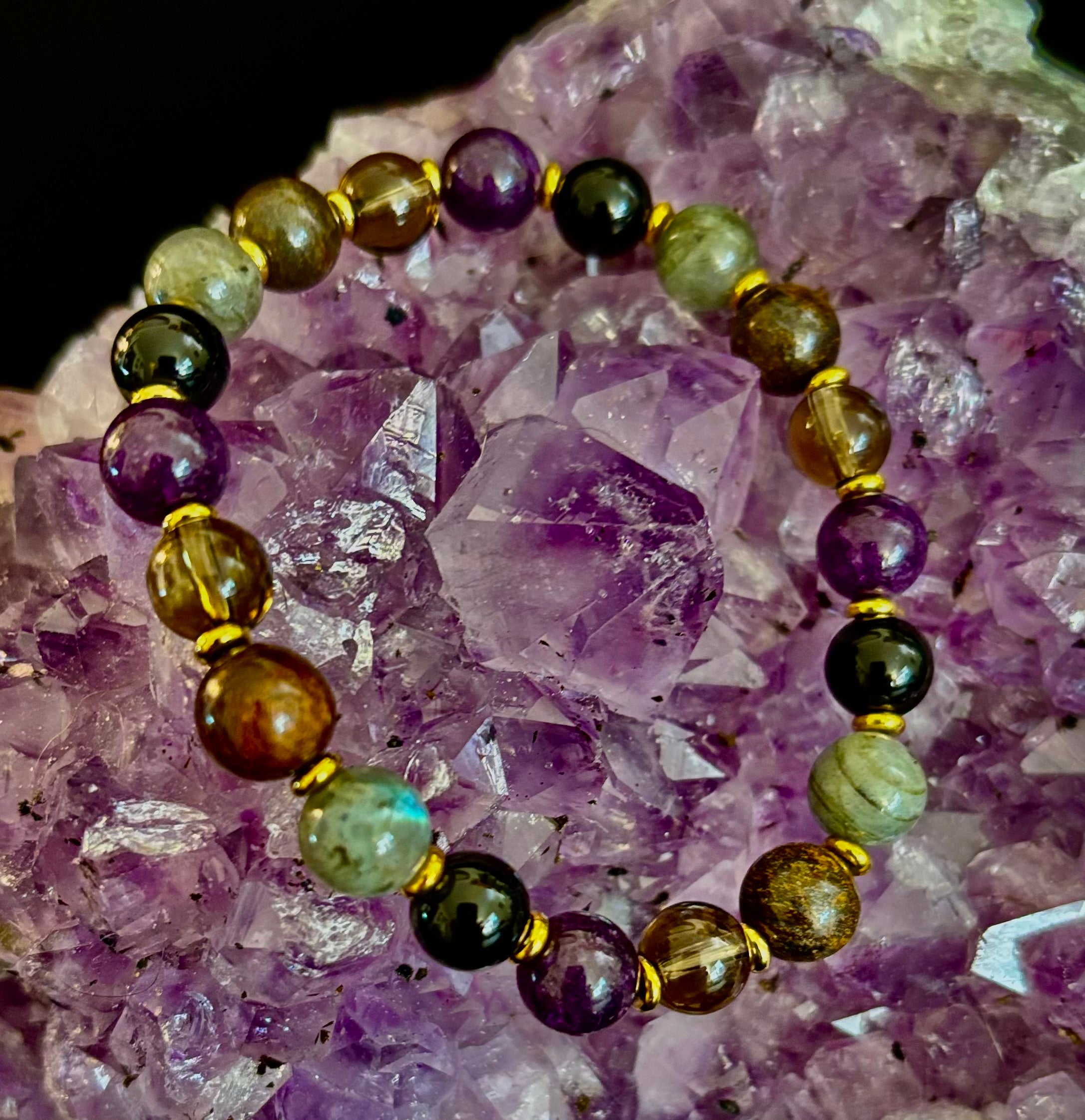 Mystic Energy - Labradorite, Amethyst, Smoky Quartz, Black Onyx & Tiger’s Eye Reiki-Infused Protection & Balance Bracelet | | Wiccan Center