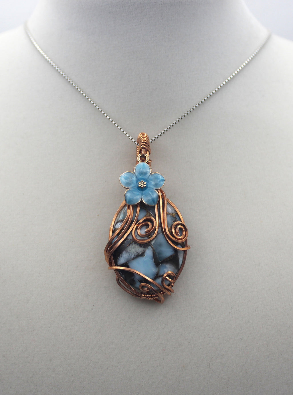 Raw Copper Larimar in Copper Composite Flower Charmed Pendant Necklace | | Wiccan Center