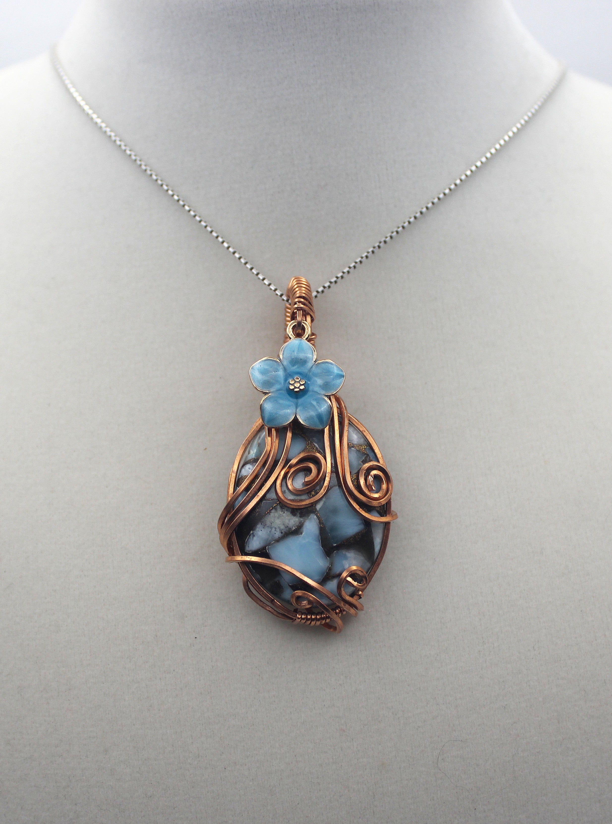 Raw Copper Larimar in Copper Composite Flower Charmed Pendant Necklace | | Wiccan Center