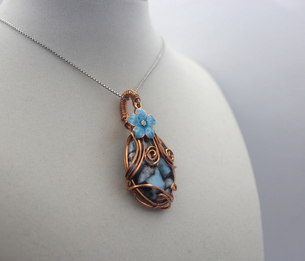 Raw Copper Larimar in Copper Composite Flower Charmed Pendant Necklace | | Wiccan Center