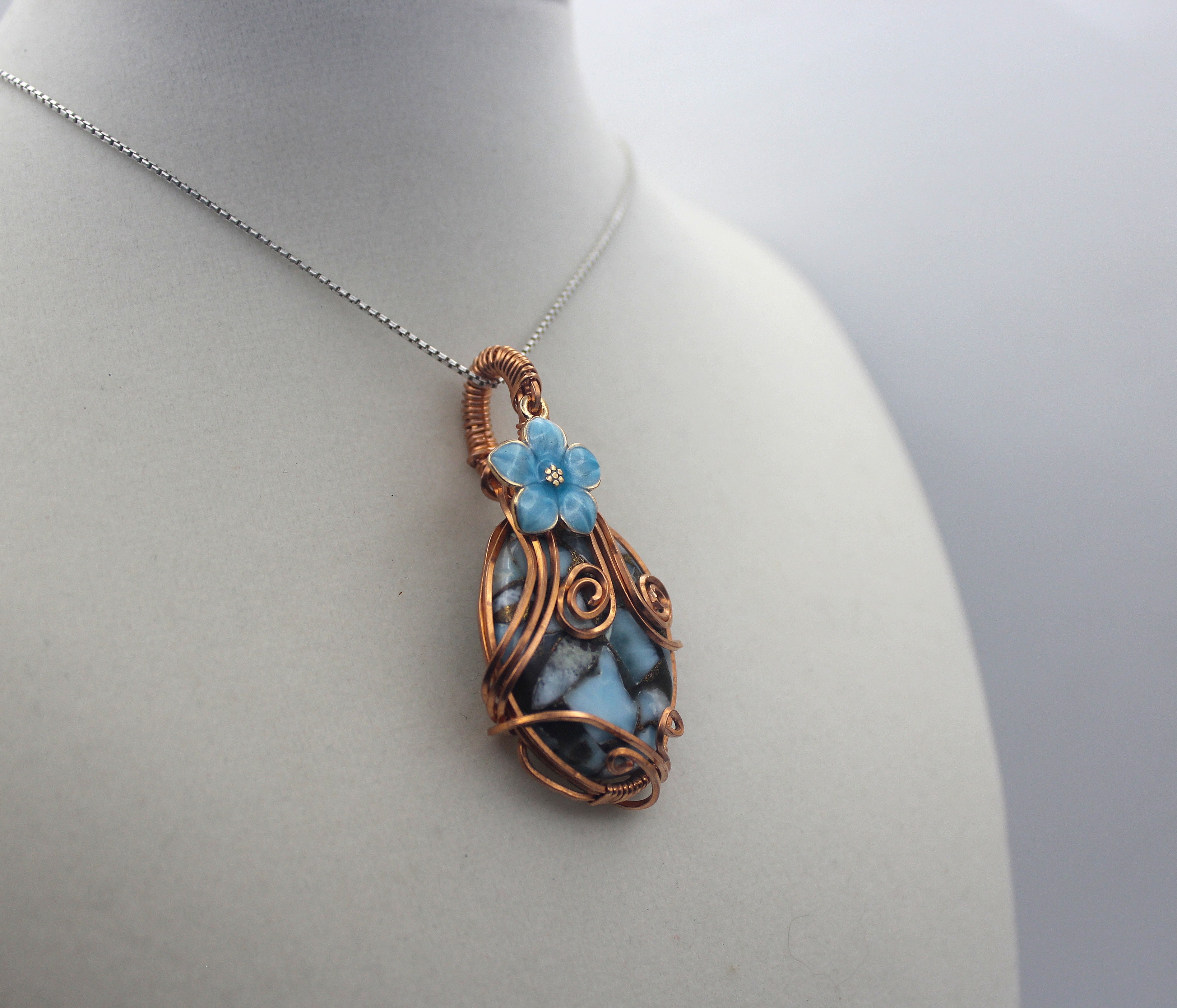Raw Copper Larimar in Copper Composite Flower Charmed Pendant Necklace | | Wiccan Center