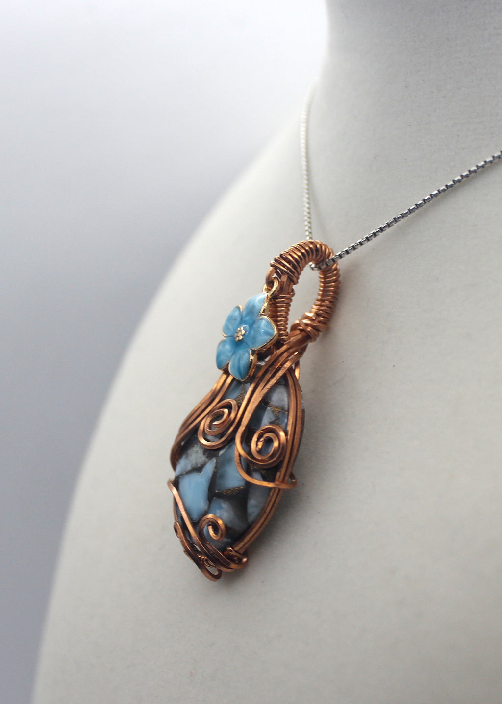 Raw Copper Larimar in Copper Composite Flower Charmed Pendant Necklace | | Wiccan Center