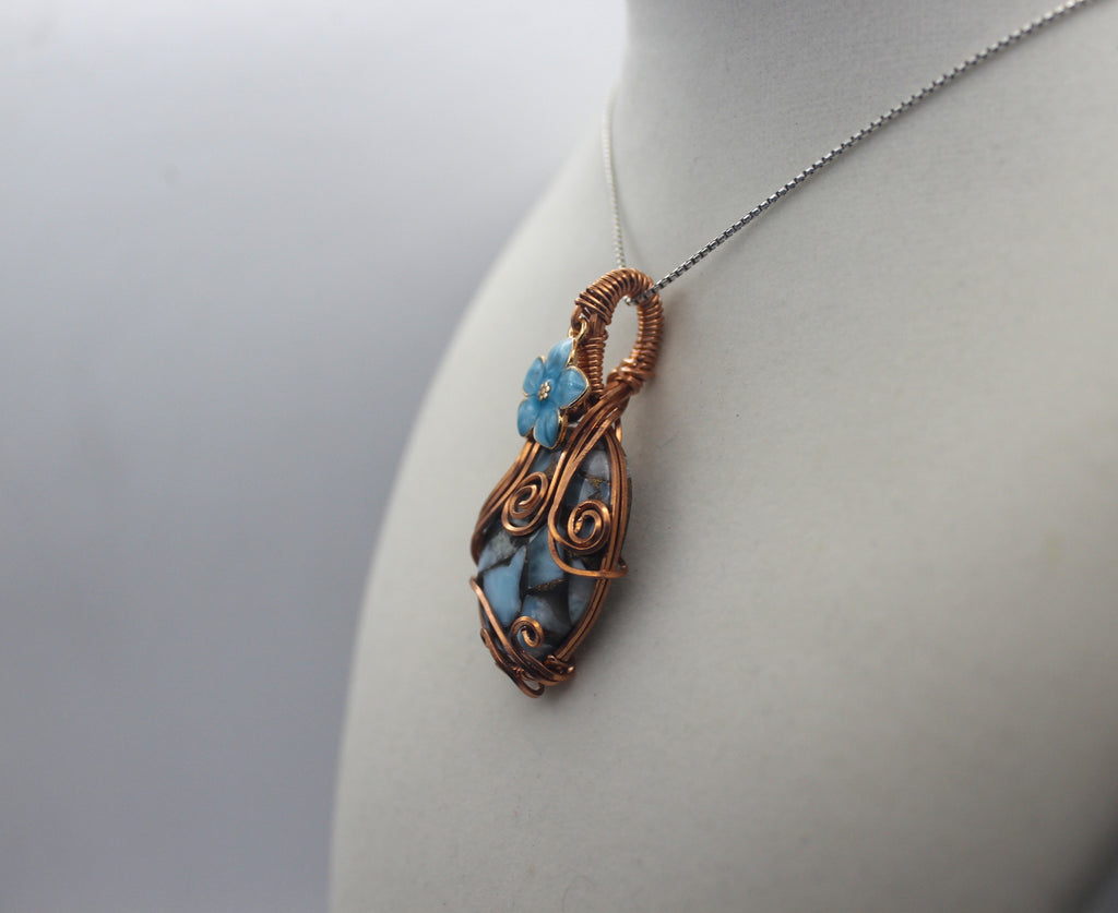 Raw Copper Larimar in Copper Composite Flower Charmed Pendant Necklace | | Wiccan Center