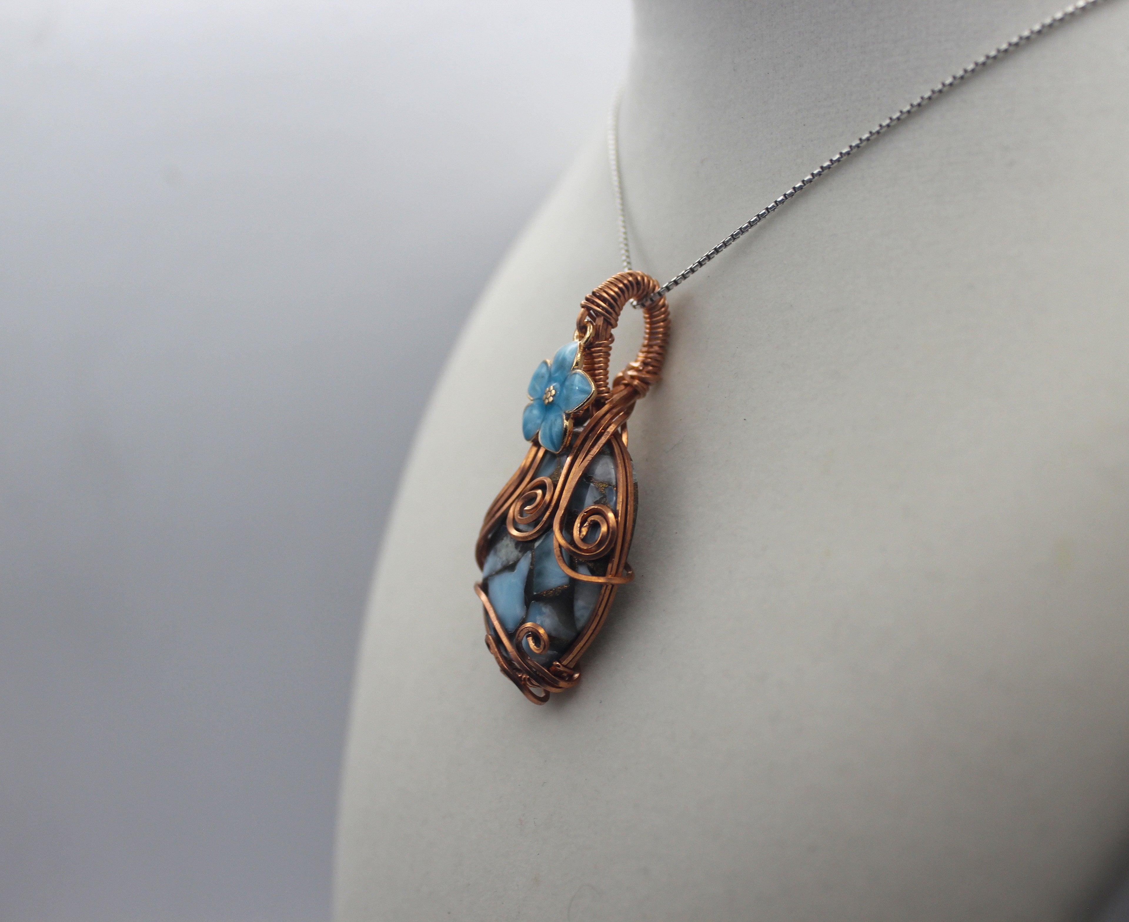 Raw Copper Larimar in Copper Composite Flower Charmed Pendant Necklace | | Wiccan Center