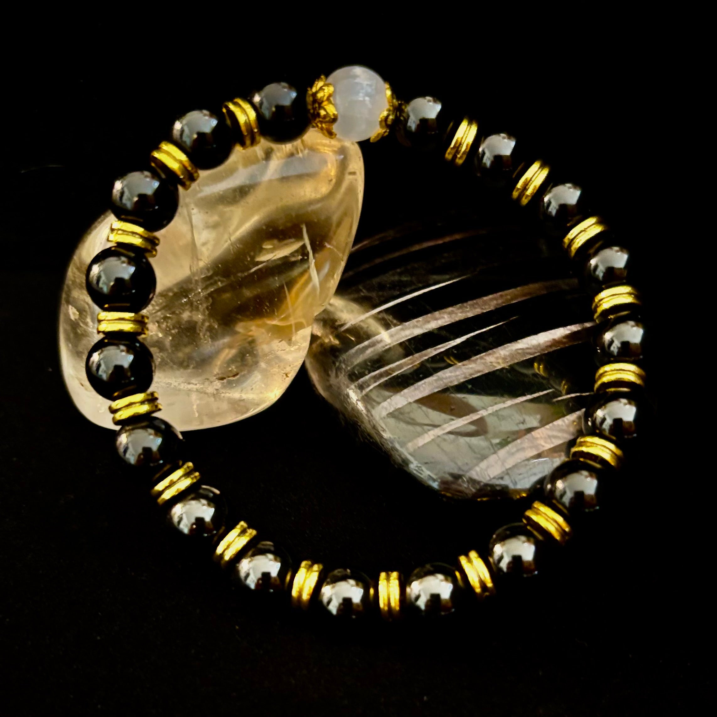 Divine Balance Bracelet – Selenite & Black Obsidian with Gold Accents | | Wiccan Center