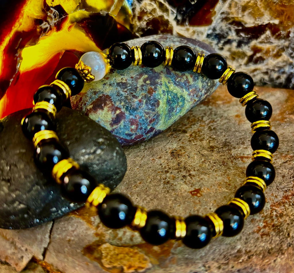 Divine Balance Bracelet – Selenite & Black Obsidian with Gold Accents | | Wiccan Center