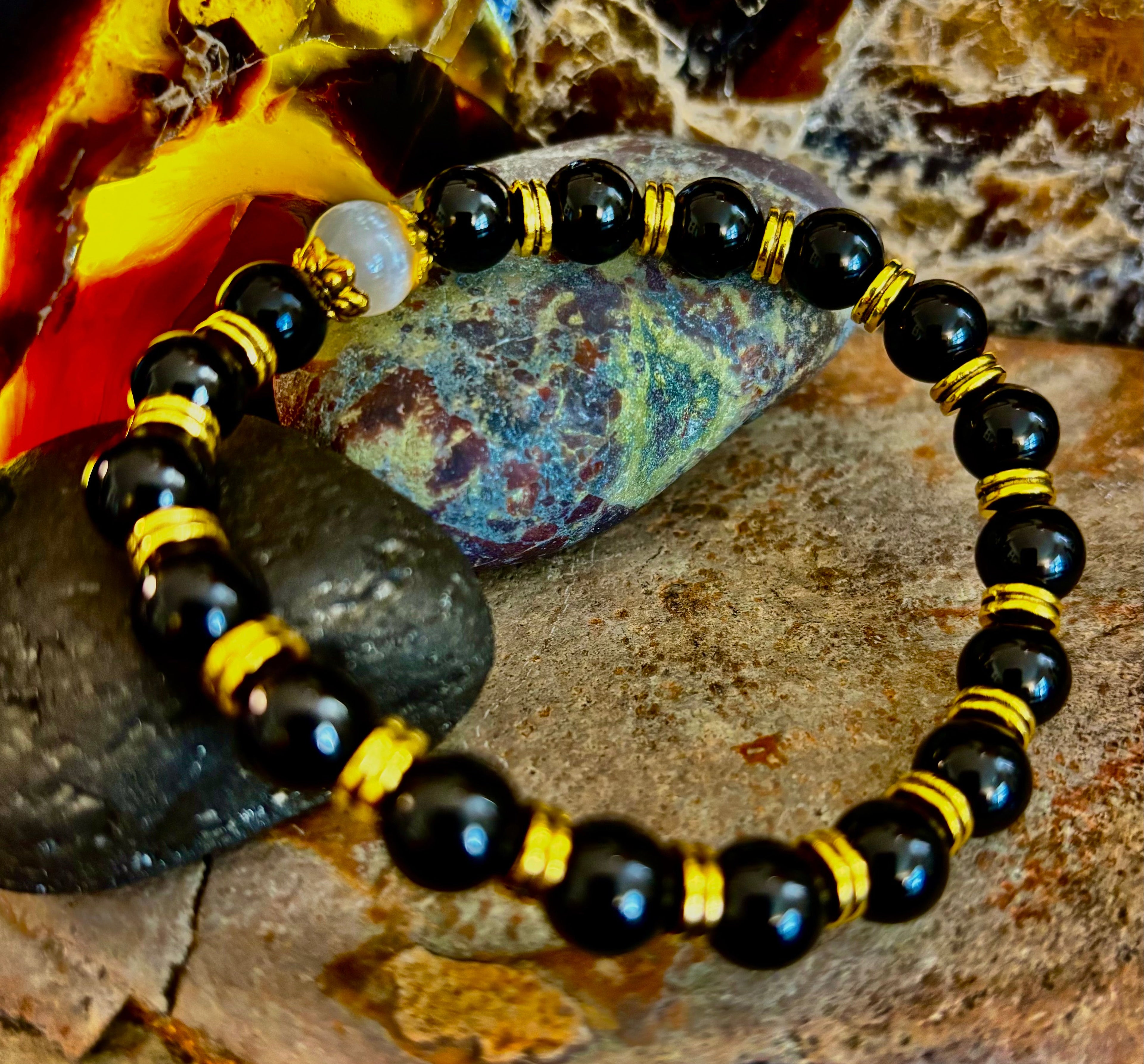 Divine Balance Bracelet – Selenite & Black Obsidian with Gold Accents | | Wiccan Center