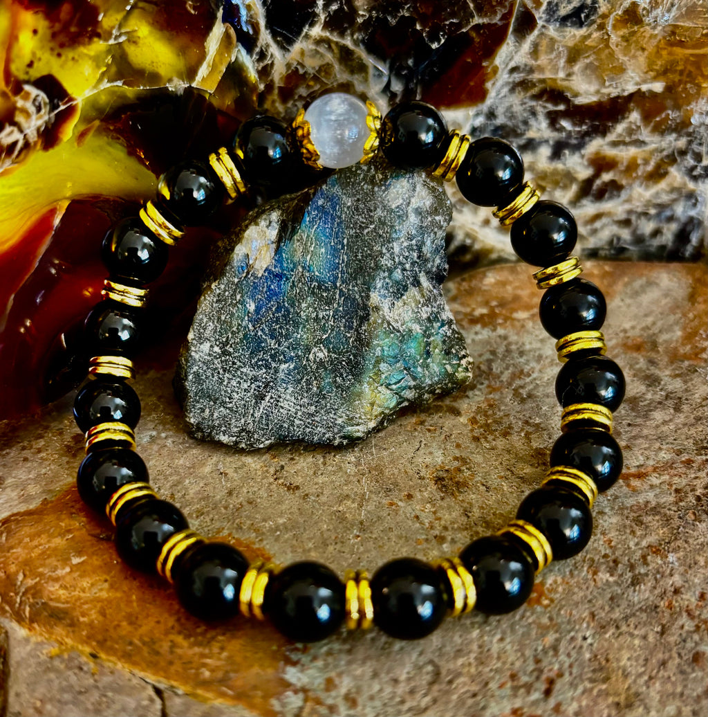 Divine Balance Bracelet – Selenite & Black Obsidian with Gold Accents | | Wiccan Center