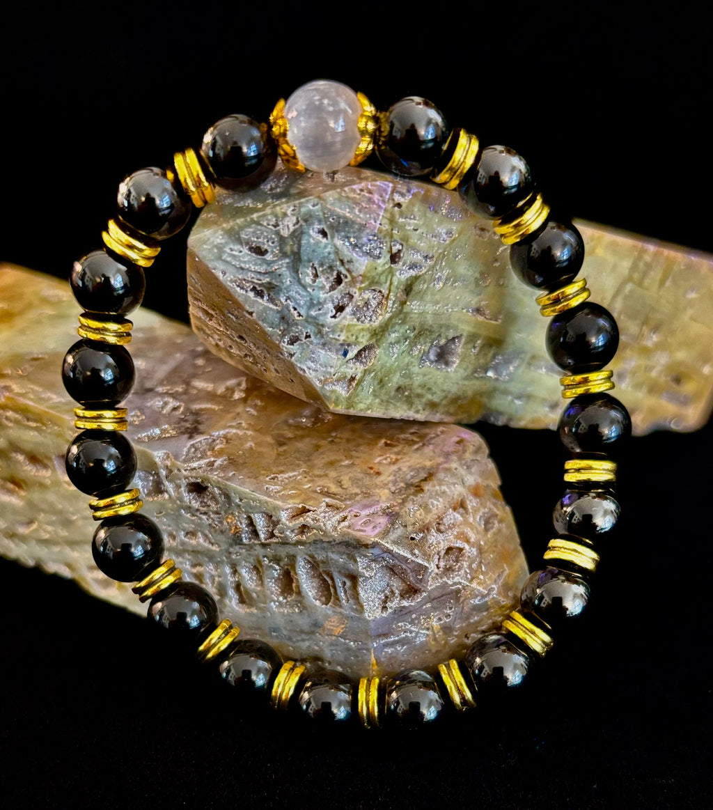 Divine Balance Bracelet – Selenite & Black Obsidian with Gold Accents | | Wiccan Center
