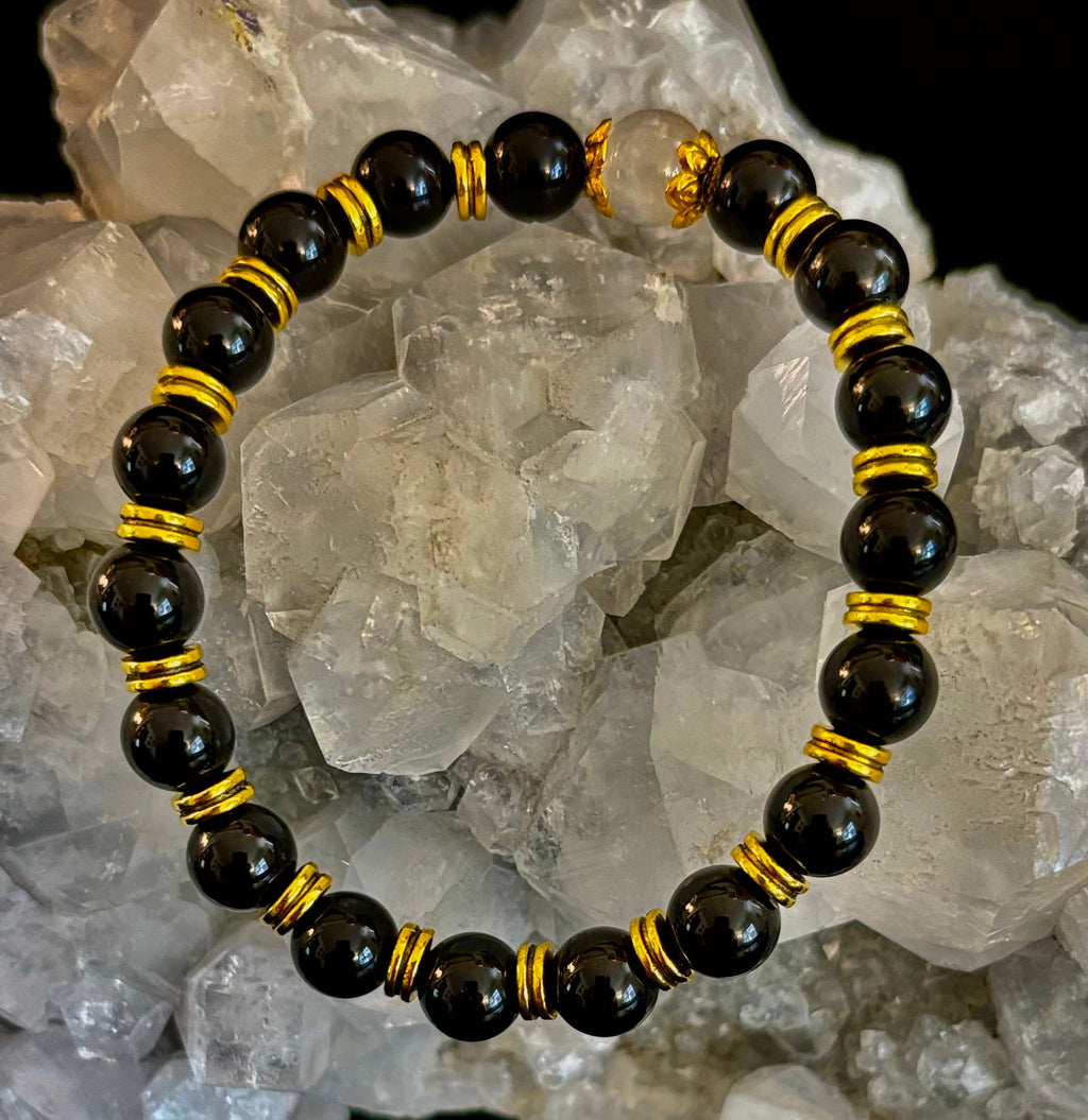 Divine Balance Bracelet – Selenite & Black Obsidian with Gold Accents | | Wiccan Center