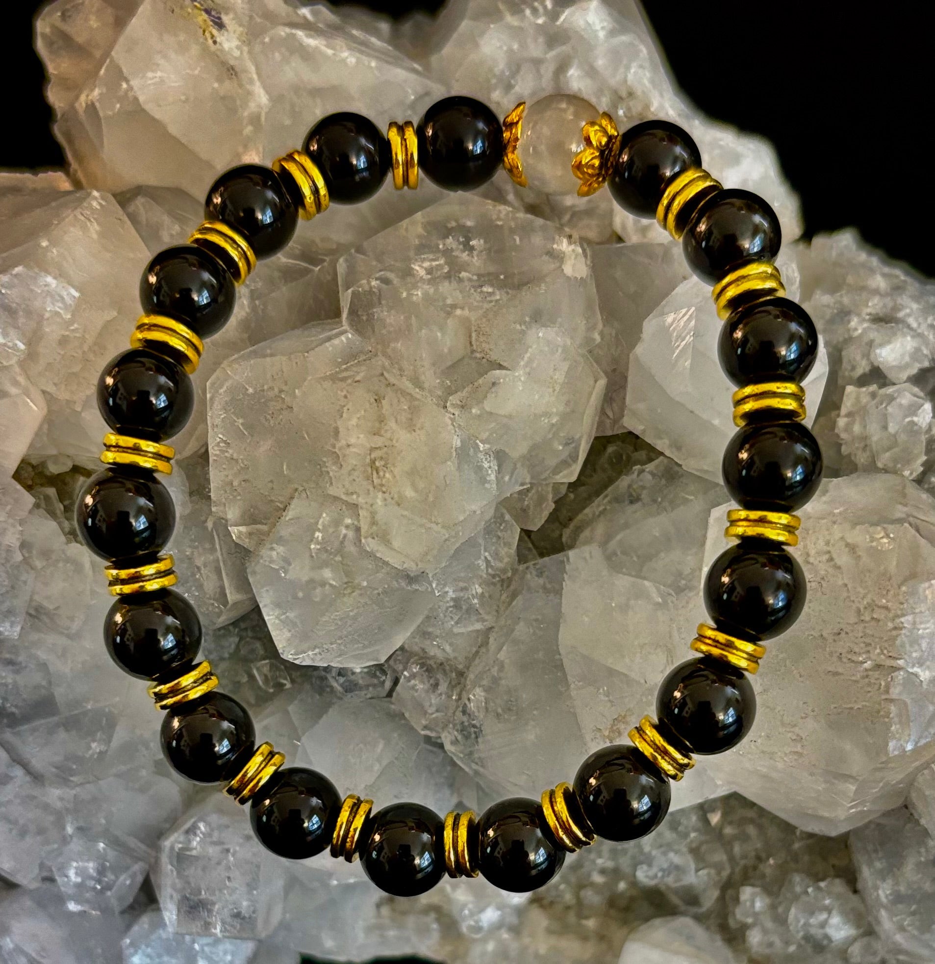 Divine Balance Bracelet – Selenite & Black Obsidian with Gold Accents | | Wiccan Center