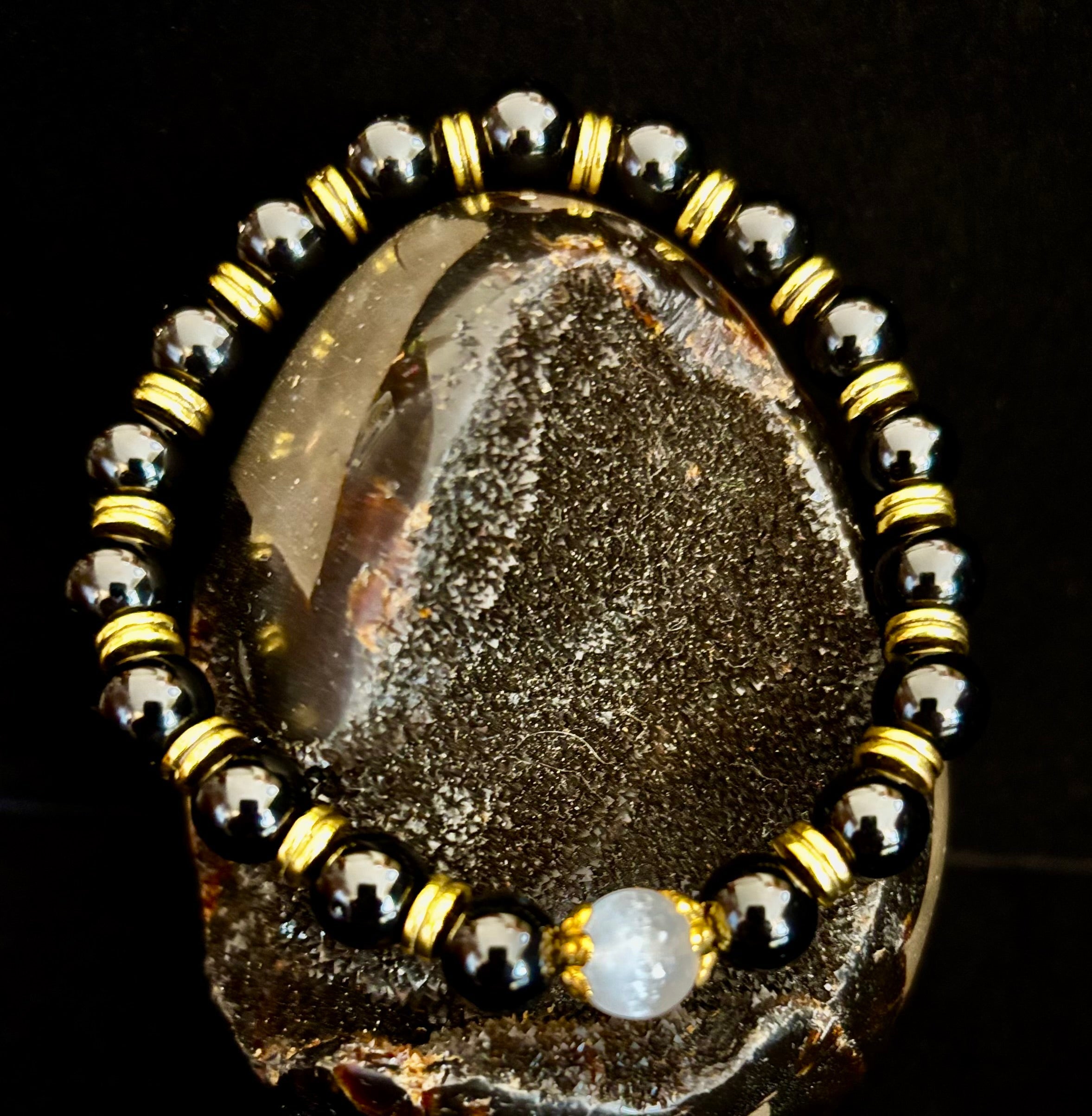 Divine Balance Bracelet – Selenite & Black Obsidian with Gold Accents | | Wiccan Center