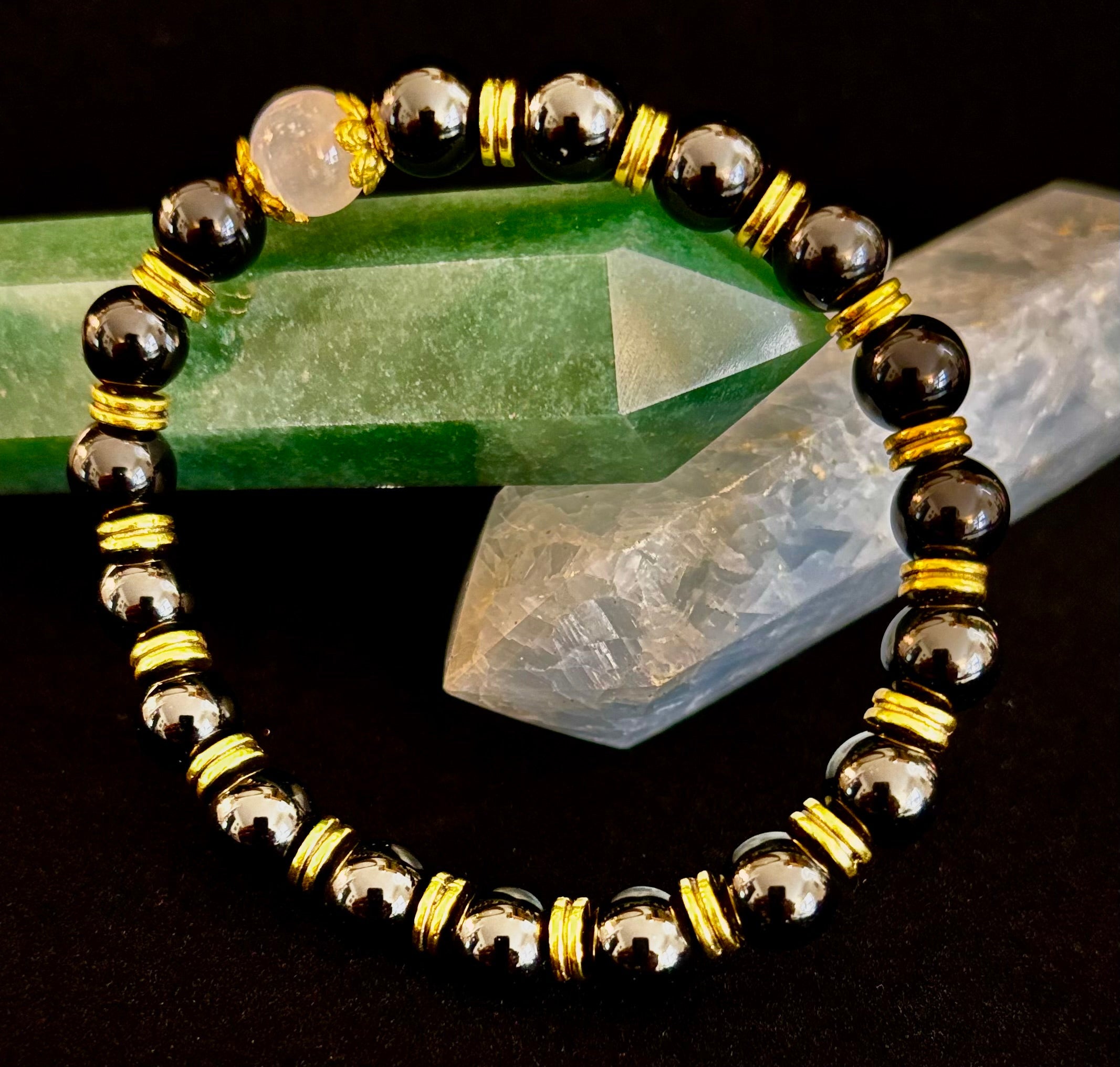 Divine Balance Bracelet – Selenite & Black Obsidian with Gold Accents | | Wiccan Center
