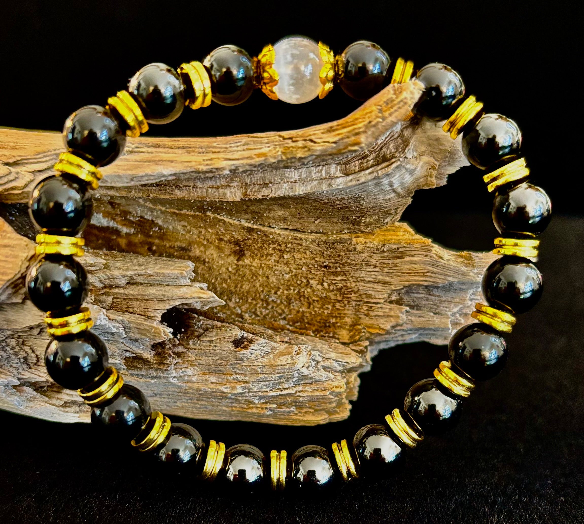 Divine Balance Bracelet – Selenite & Black Obsidian with Gold Accents | | Wiccan Center