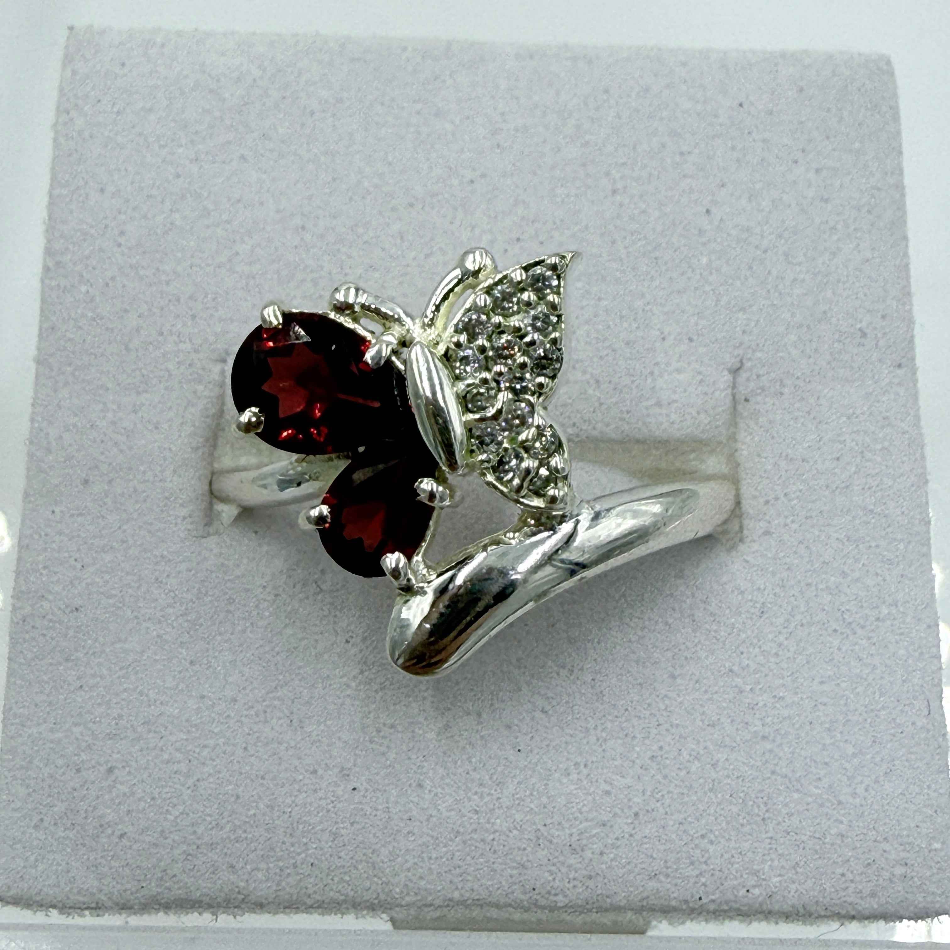 Sterling Silver Cushion-Cut Garnet Butterfly Ring – Size 8 – Passion, Strength & Grounding | Rings | Wiccan Center