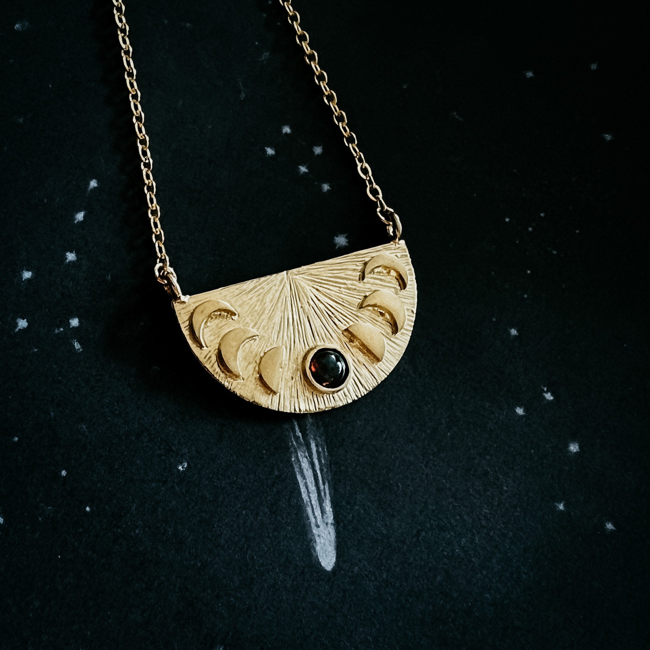 Lunar Eclipse Half Circle Pendant Necklace with Moon Phases and Black Opal | Necklace | Wiccan Center