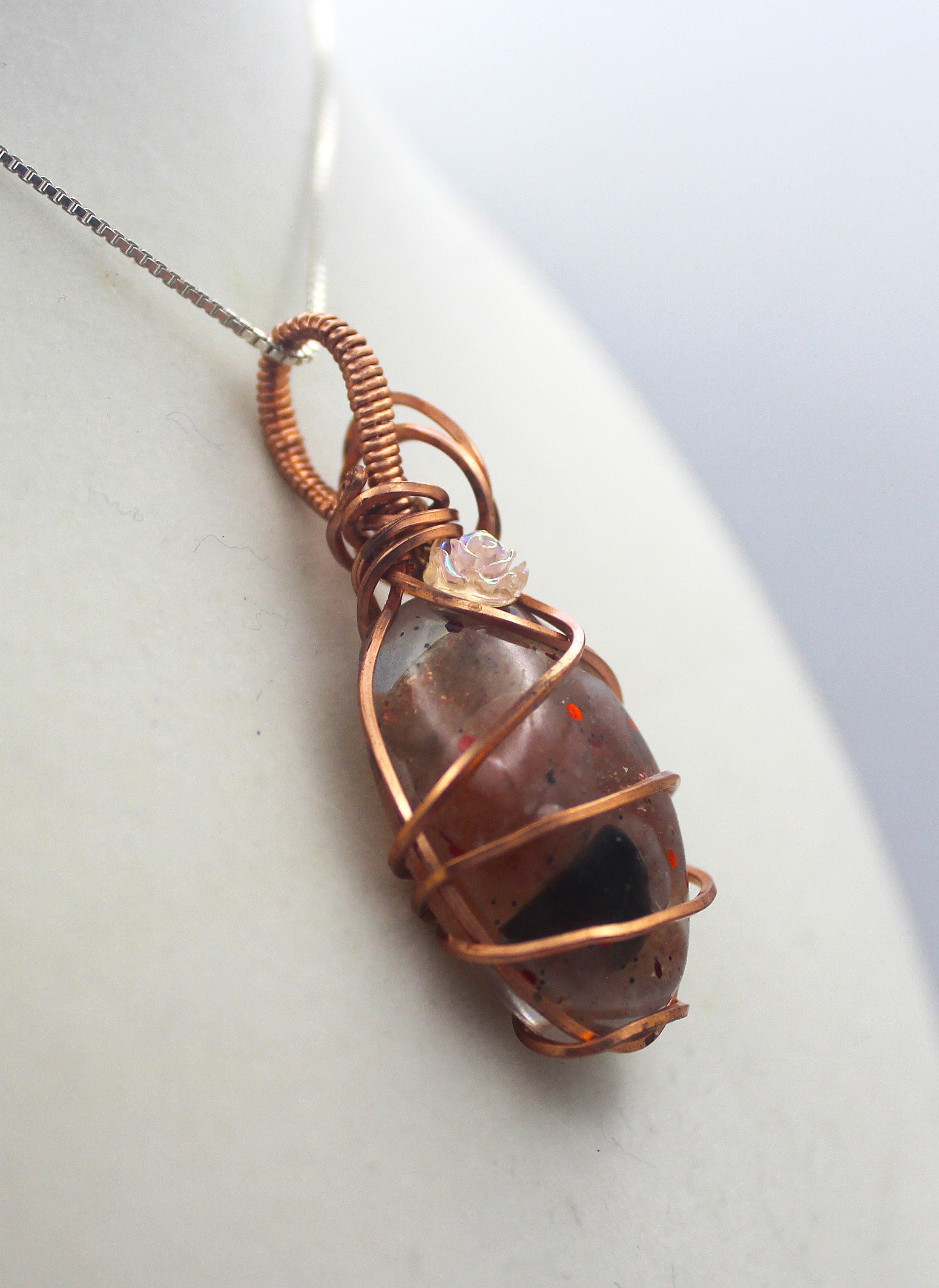 Raw Copper Resin Sunstone Chip Mini Flower Pendant Necklace | | Wiccan Center