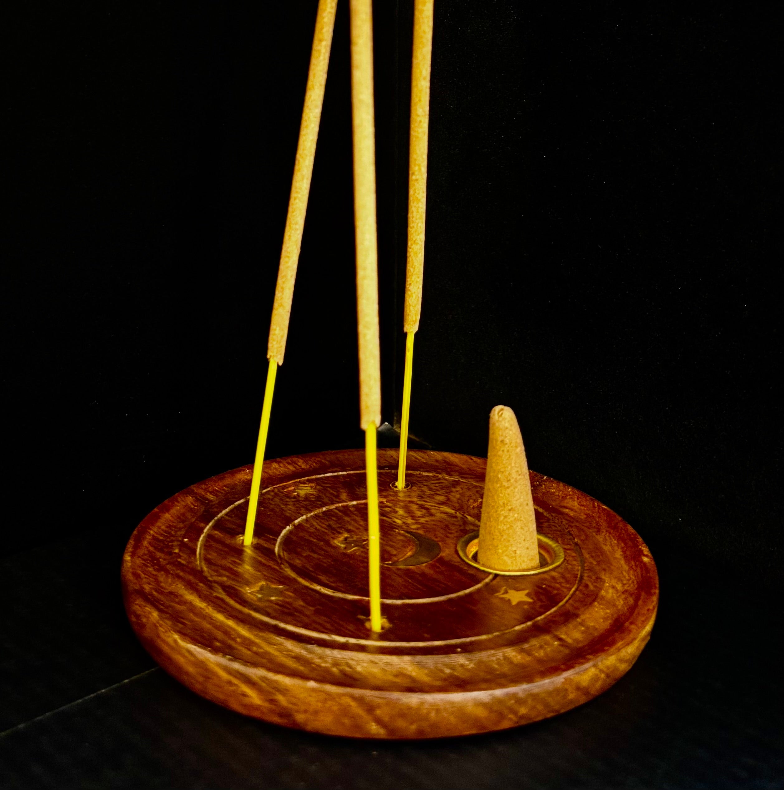 Handcrafted Moon & Stars Incense Burner | Round Wood Cone & Stick Holder from India | | Wiccan Center