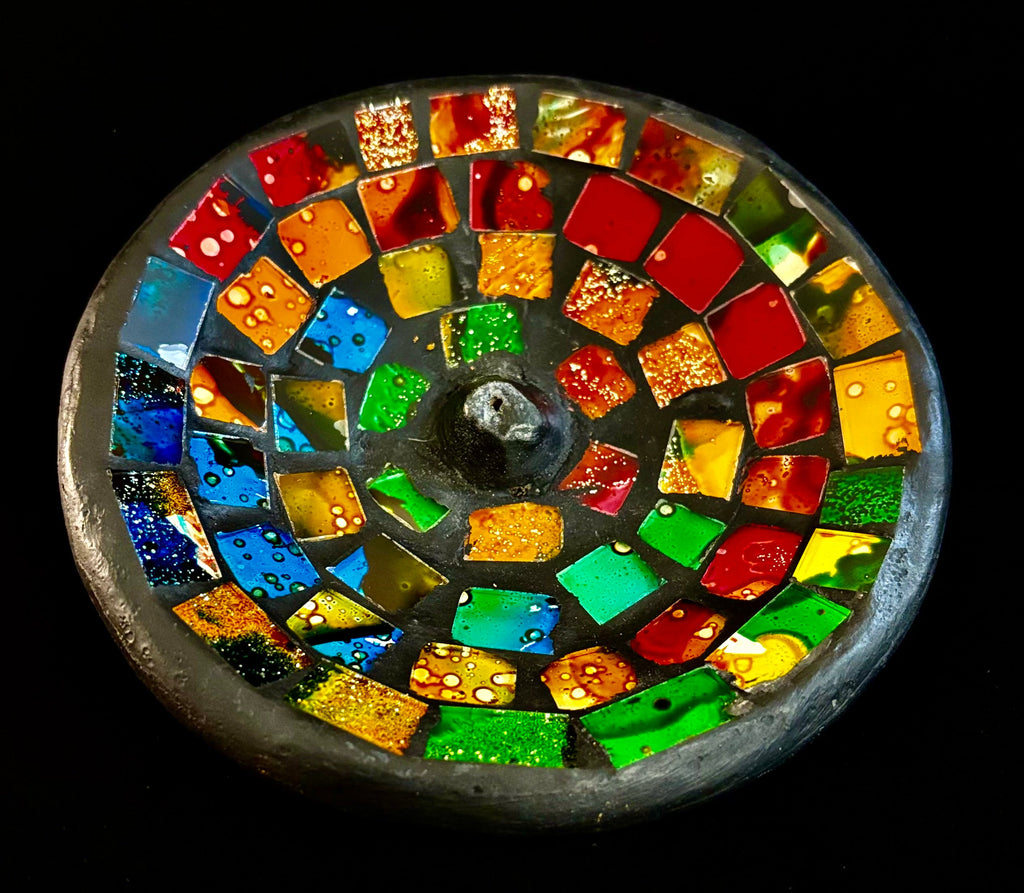 Handcrafted Mosaic Incense Burner | Rainbow Ash Catcher from Indonesia (4.75" Wide) | | Wiccan Center