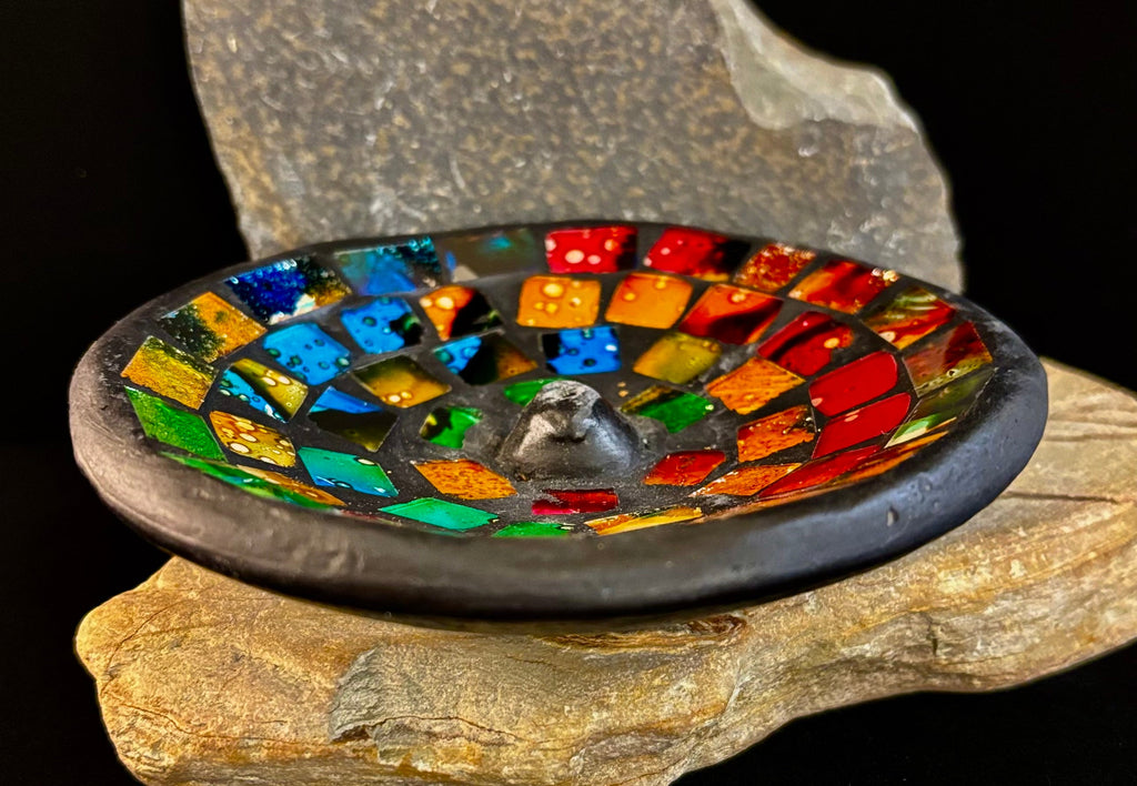 Handcrafted Mosaic Incense Burner | Rainbow Ash Catcher from Indonesia (4.75" Wide) | | Wiccan Center