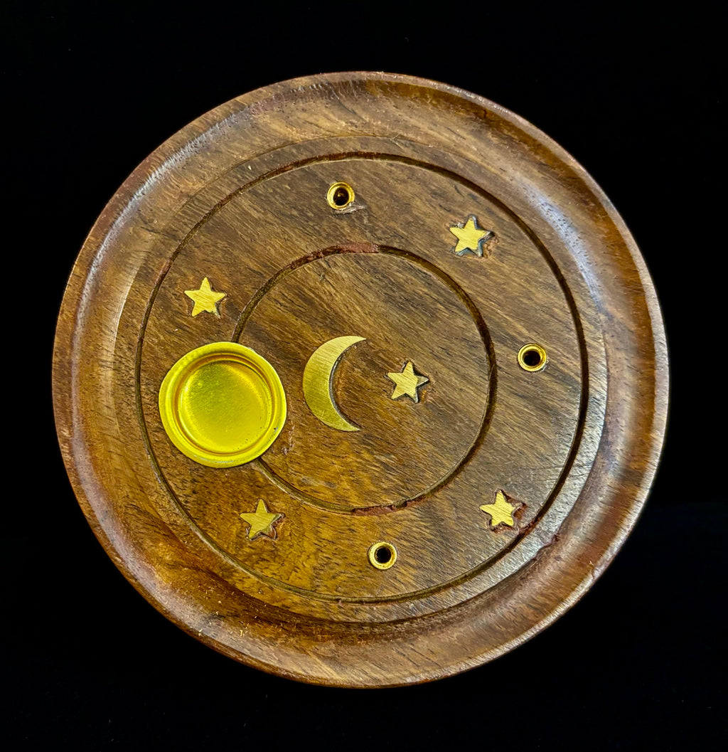 Handcrafted Moon & Stars Incense Burner | Round Wood Cone & Stick Holder from India | | Wiccan Center