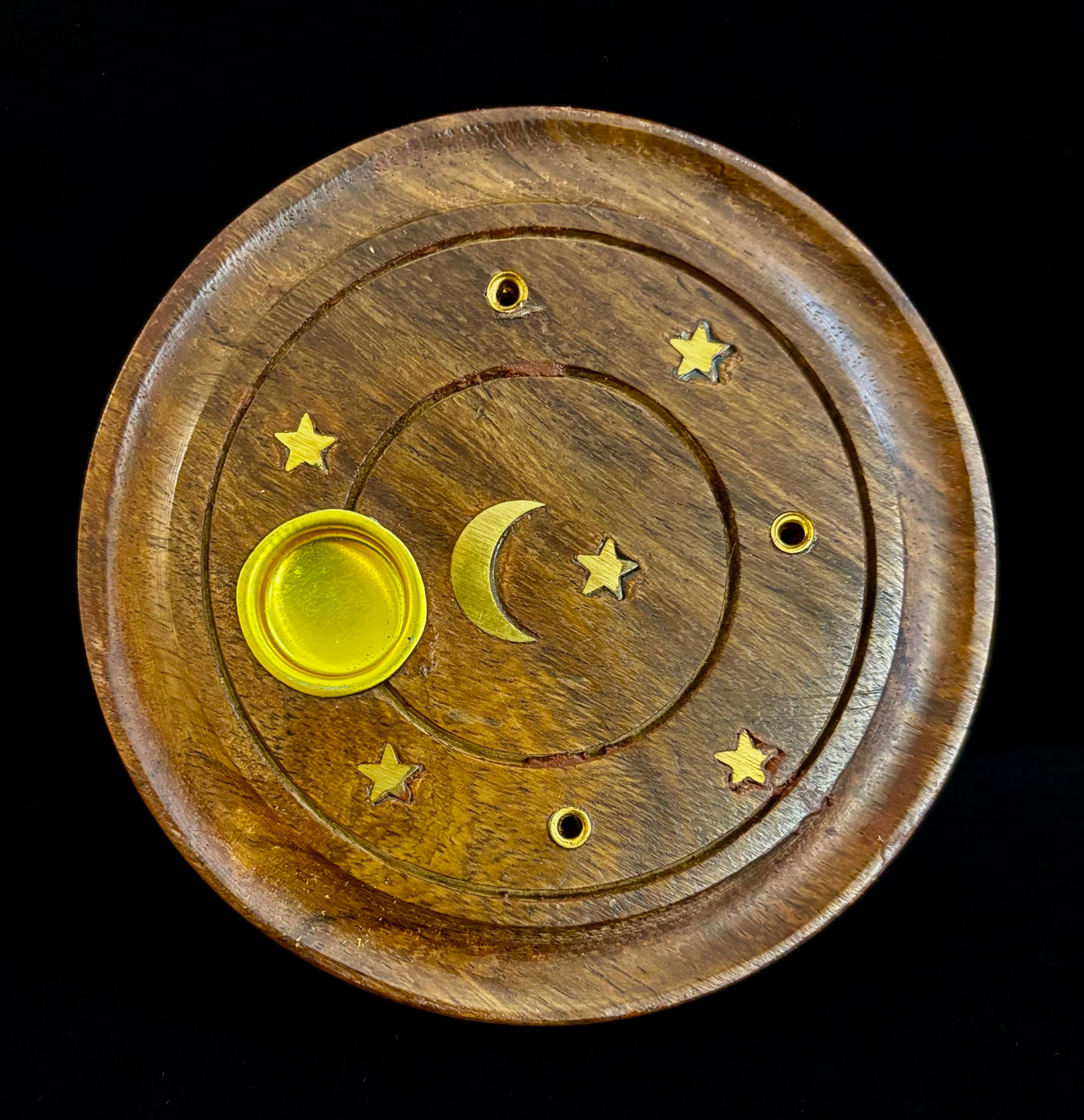 Handcrafted Moon & Stars Incense Burner | Round Wood Cone & Stick Holder from India | | Wiccan Center