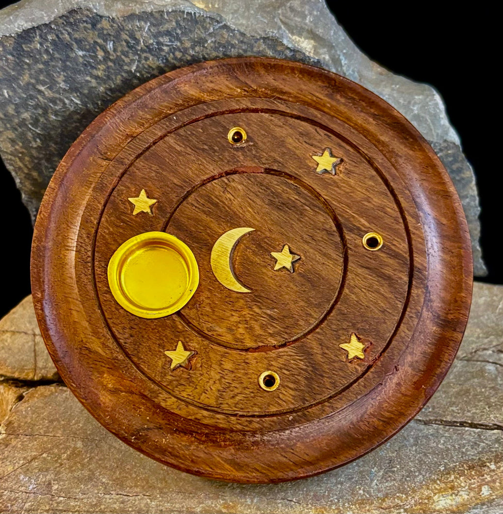 Handcrafted Moon & Stars Incense Burner | Round Wood Cone & Stick Holder from India | | Wiccan Center