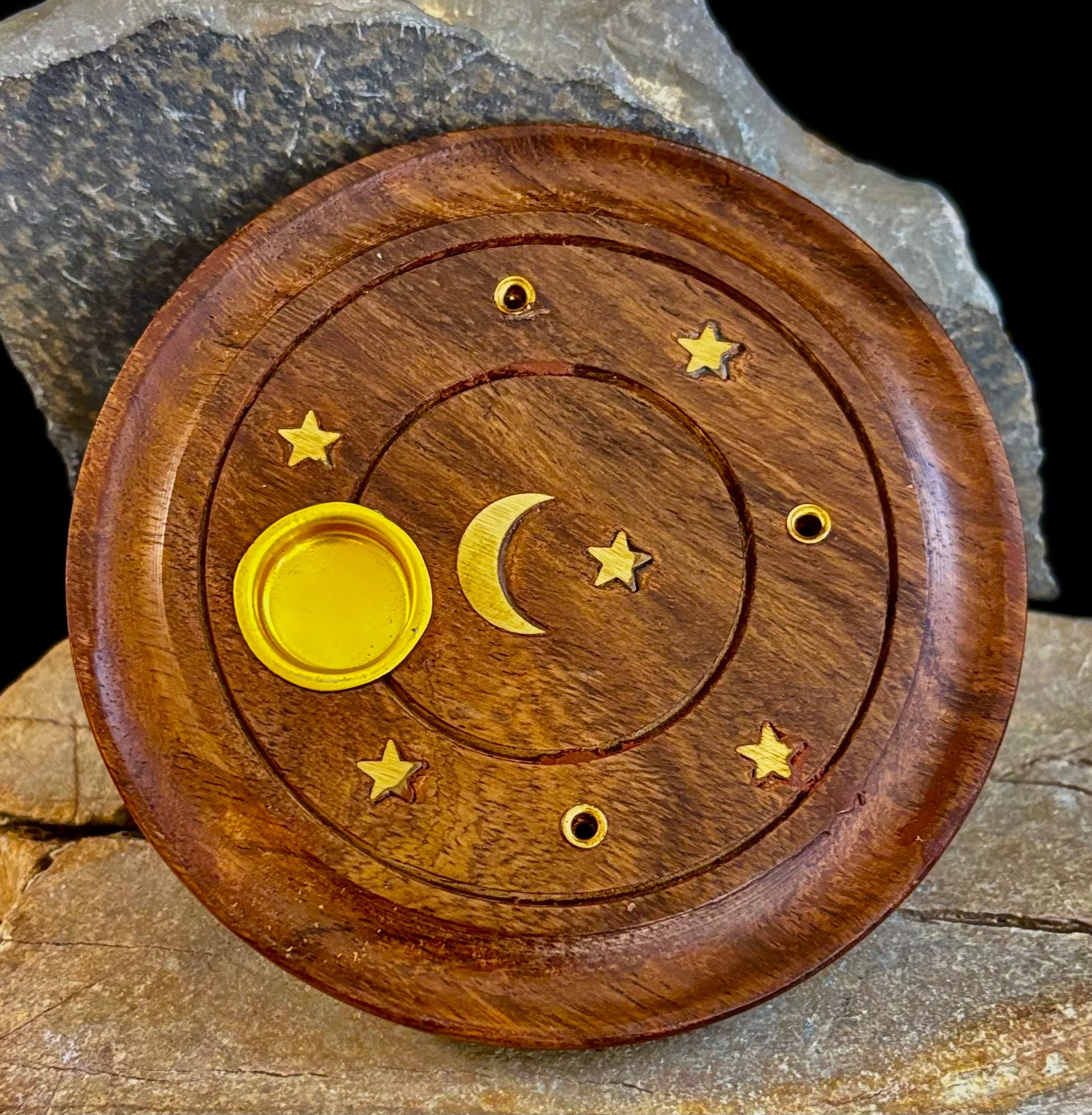 Handcrafted Moon & Stars Incense Burner | Round Wood Cone & Stick Holder from India | | Wiccan Center