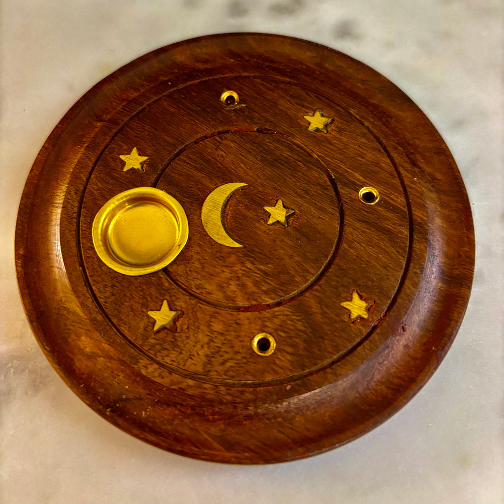 Handcrafted Moon & Stars Incense Burner | Round Wood Cone & Stick Holder from India | | Wiccan Center