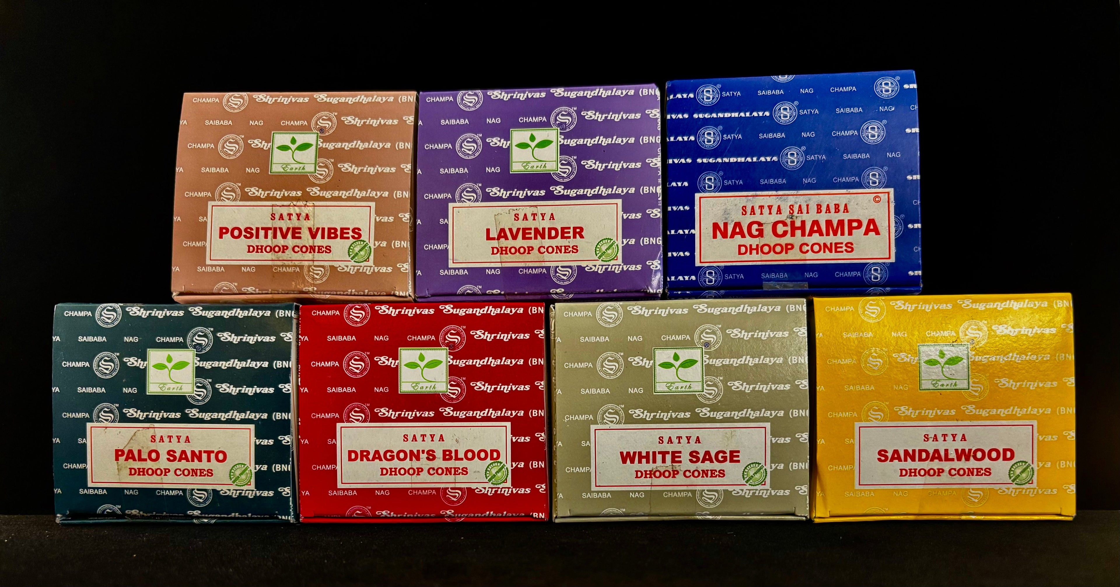 Satya Dhoop Cone Incense | 7 Fragrances from India – Nag Champa, Palo Santo, Sandalwood & More | | Wiccan Center