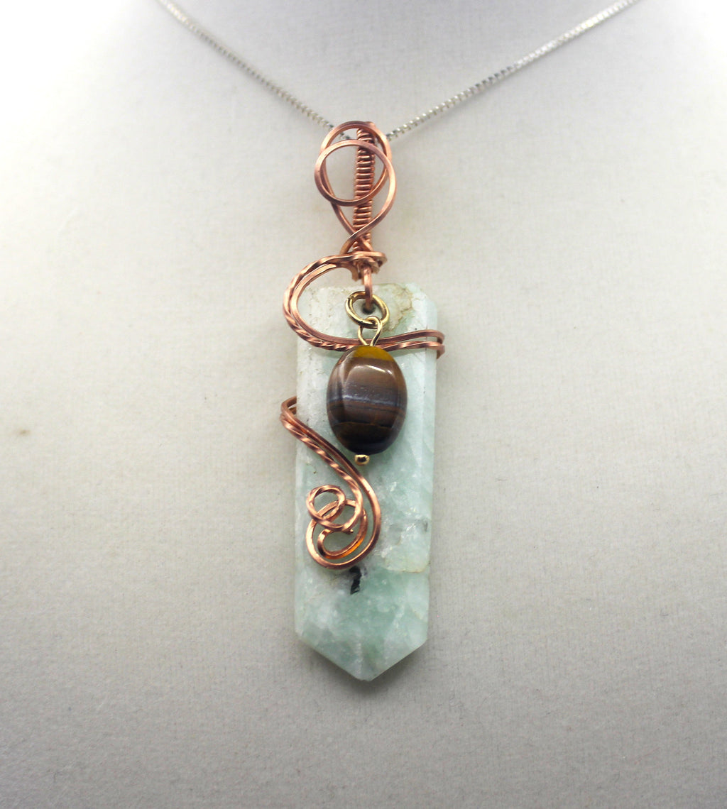 Raw Copper Drilled Amazonite Tiger's Eye Charmed Pendant Necklace | | Wiccan Center