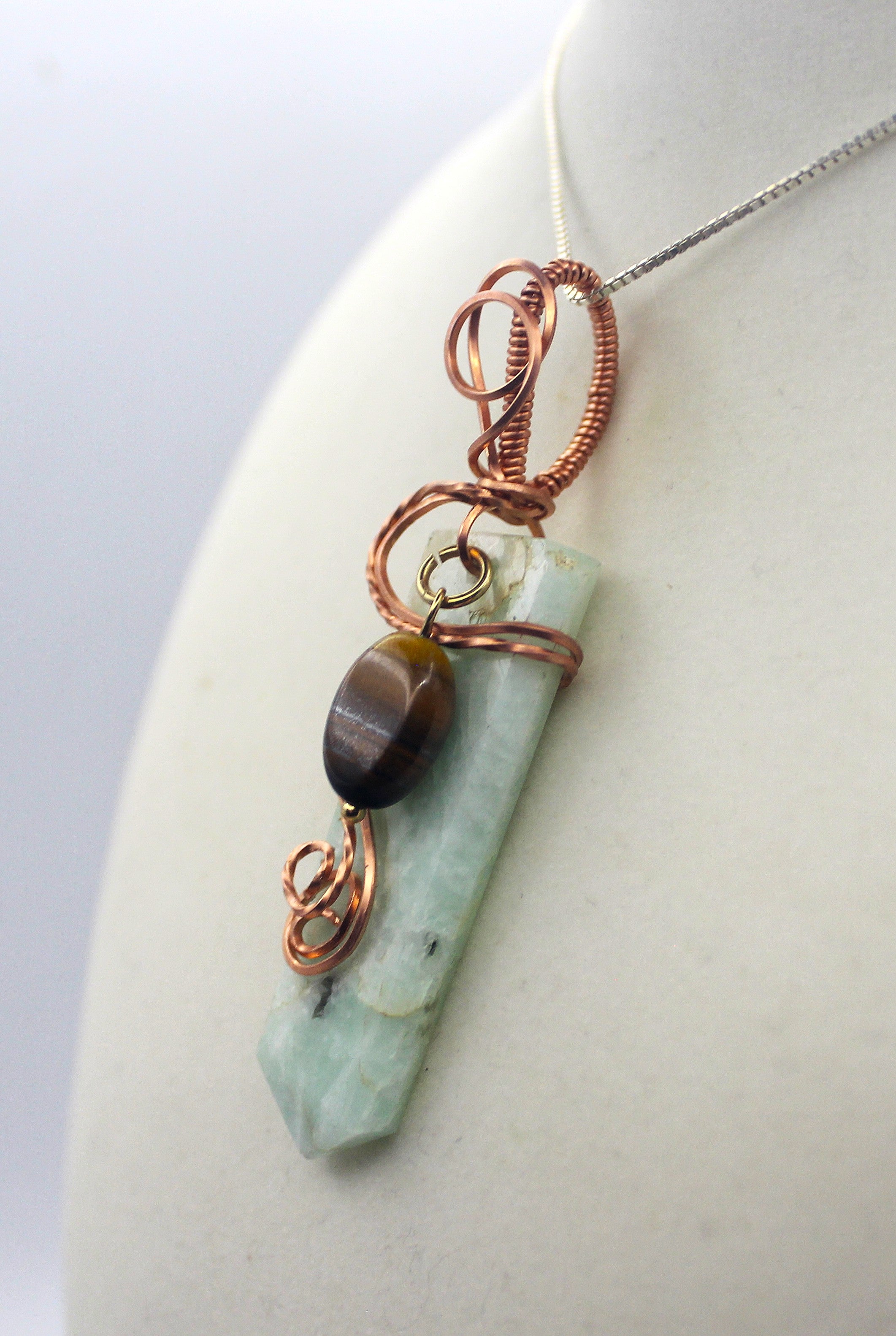 Raw Copper Drilled Amazonite Tiger's Eye Charmed Pendant Necklace | | Wiccan Center