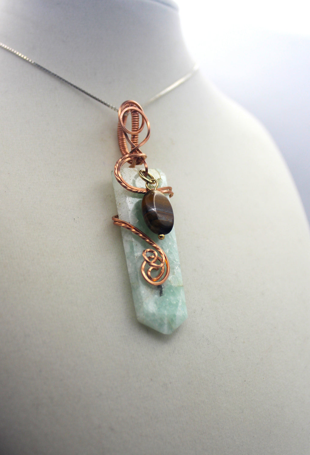 Raw Copper Drilled Amazonite Tiger's Eye Charmed Pendant Necklace | | Wiccan Center