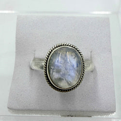 Sterling Silver Rainbow Moonstone Rope Bezel Ring – Size 10 – Intuition, Inner Harmony & New Beginnings | Rings | Wiccan Center