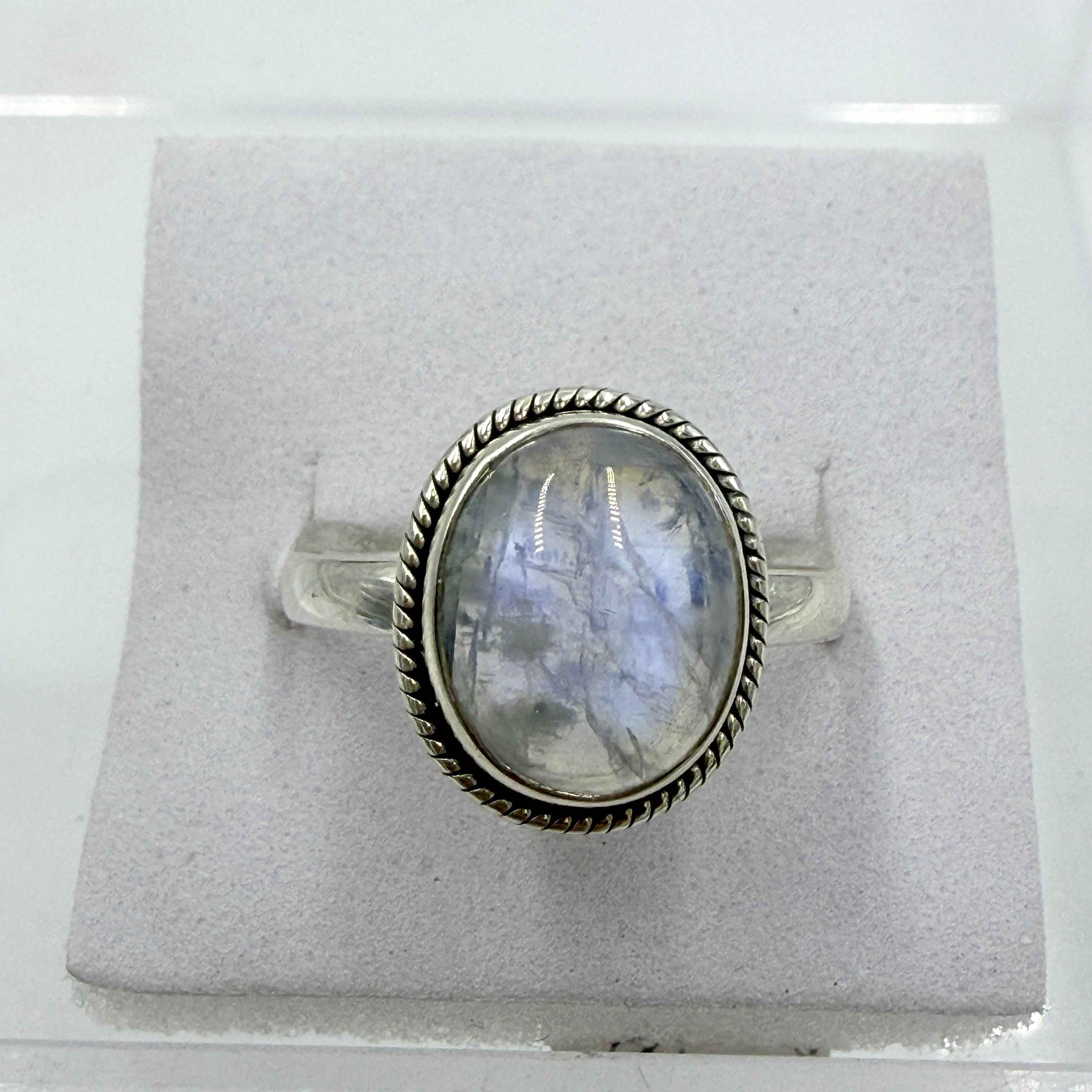 Sterling Silver Rainbow Moonstone Rope Bezel Ring – Size 10 – Intuition, Inner Harmony & New Beginnings | Rings | Wiccan Center