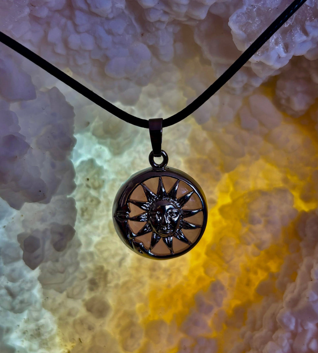 Sun & Moon Rose Quartz Pendant | Handcrafted Celestial Necklace for Love & Harmony | | Wiccan Center
