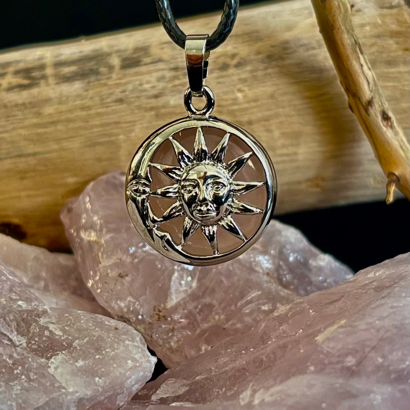Sun & Moon Rose Quartz Pendant | Handcrafted Celestial Necklace for Love & Harmony | | Wiccan Center
