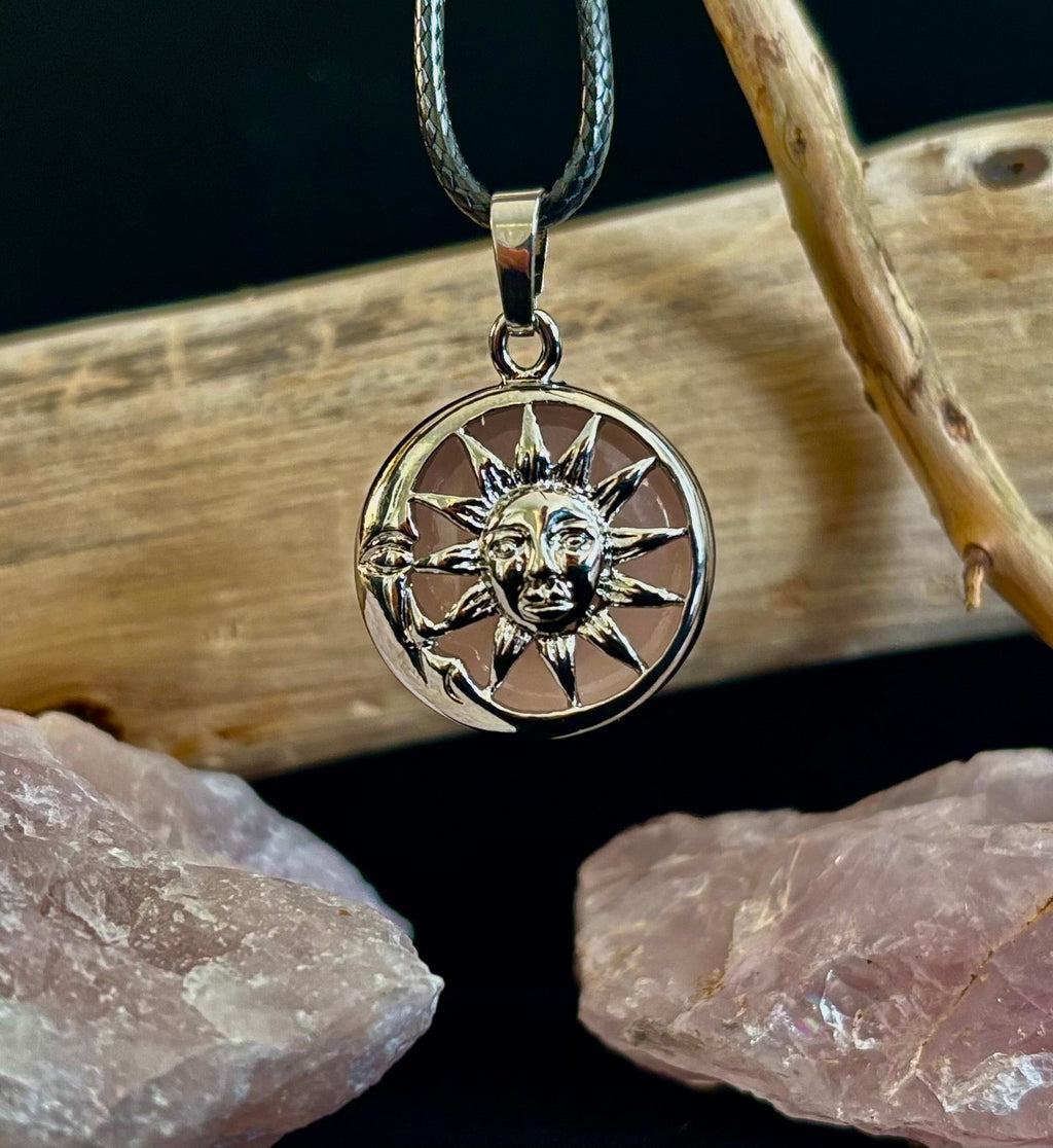 Sun & Moon Rose Quartz Pendant | Handcrafted Celestial Necklace for Love & Harmony | | Wiccan Center
