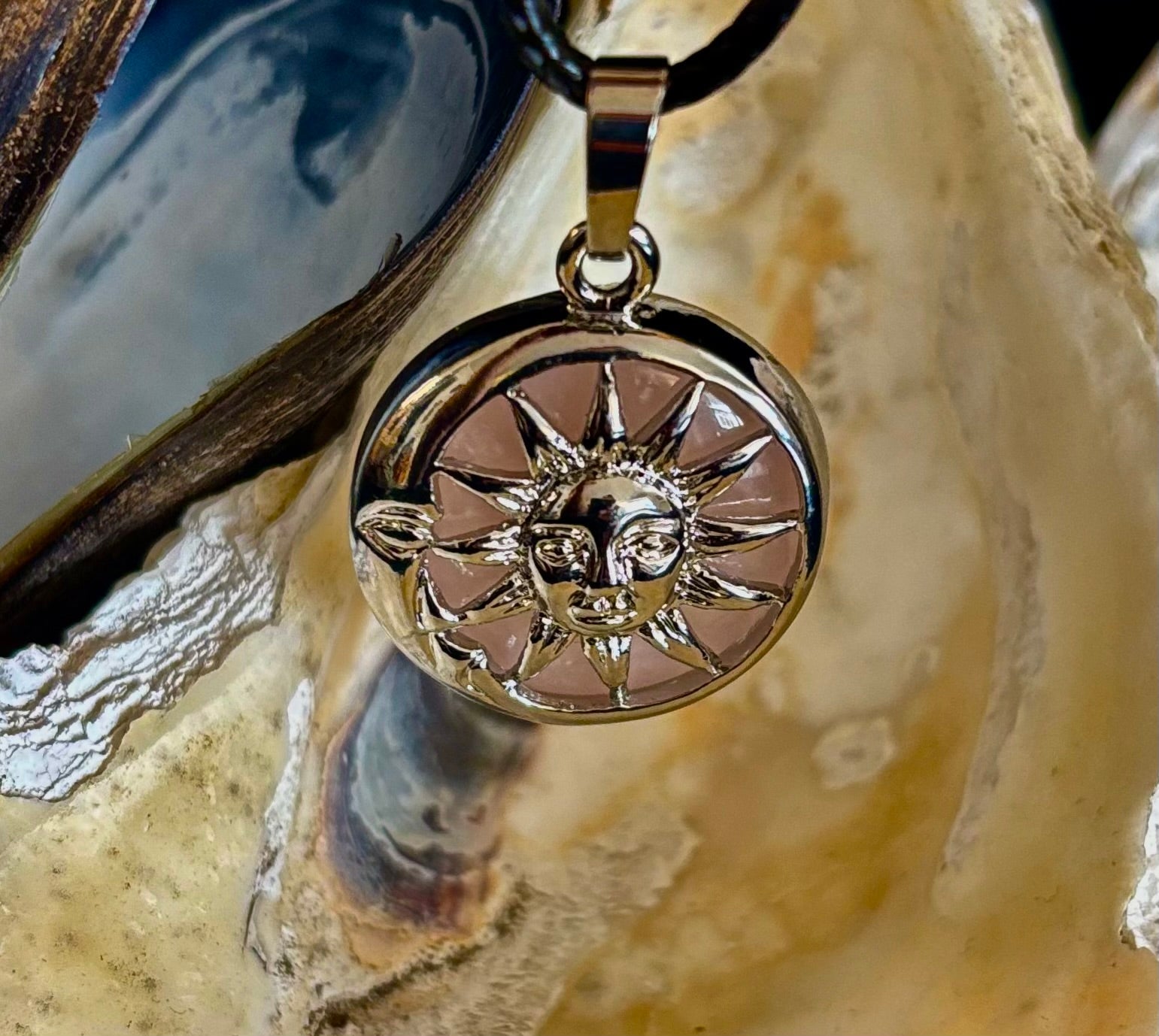 Sun & Moon Rose Quartz Pendant | Handcrafted Celestial Necklace for Love & Harmony | | Wiccan Center