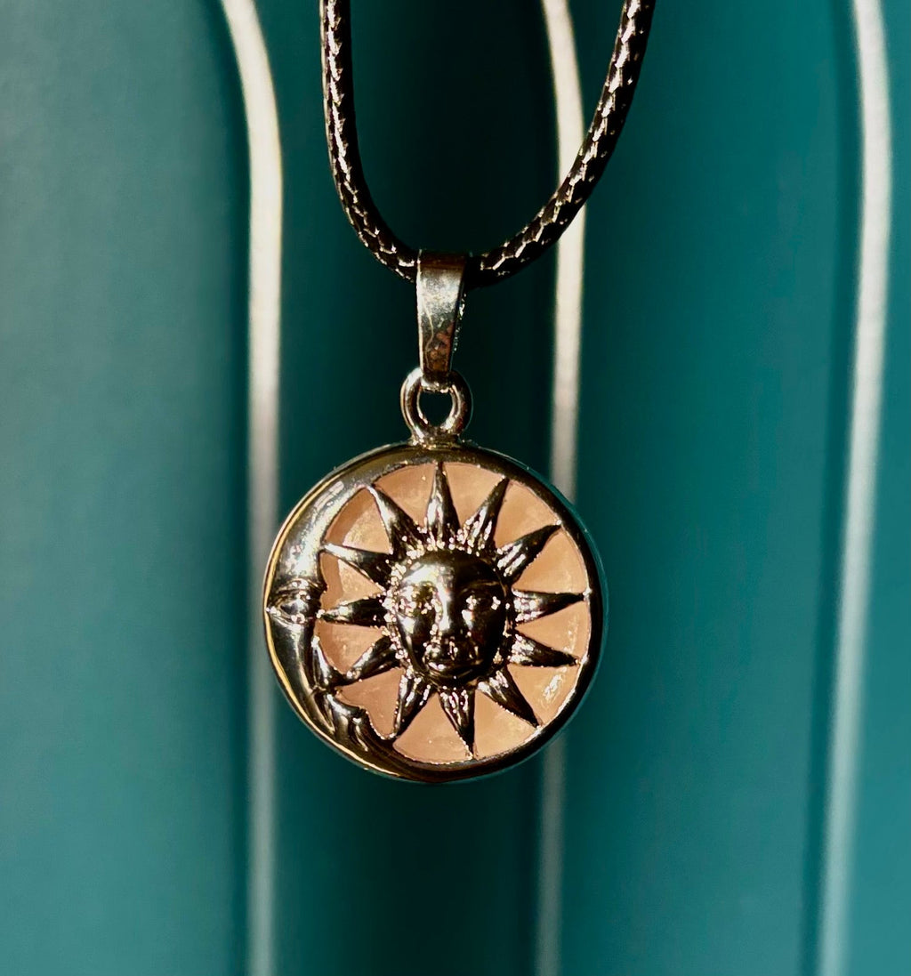 Sun & Moon Rose Quartz Pendant | Handcrafted Celestial Necklace for Love & Harmony | | Wiccan Center