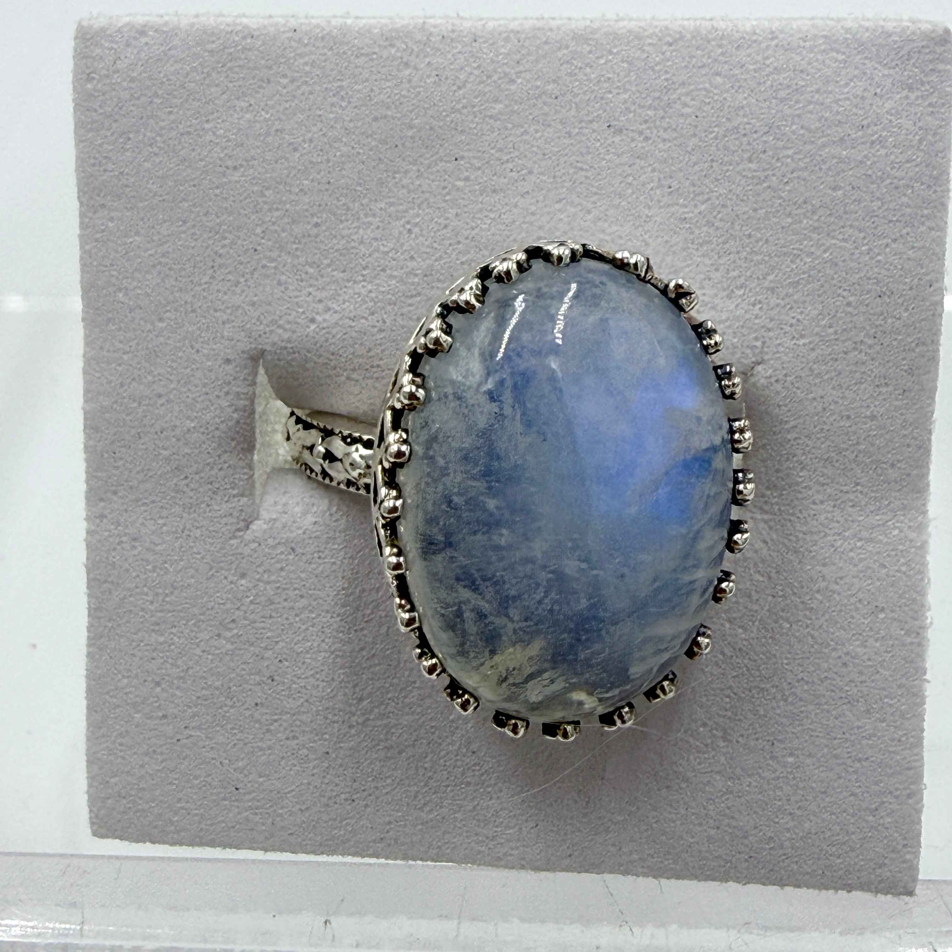 Sterling Silver Rainbow Moonstone Oval Beaded Ring – Size 6 – Intuition, Emotional Balance & New Beginnings | Rings | Wiccan Center