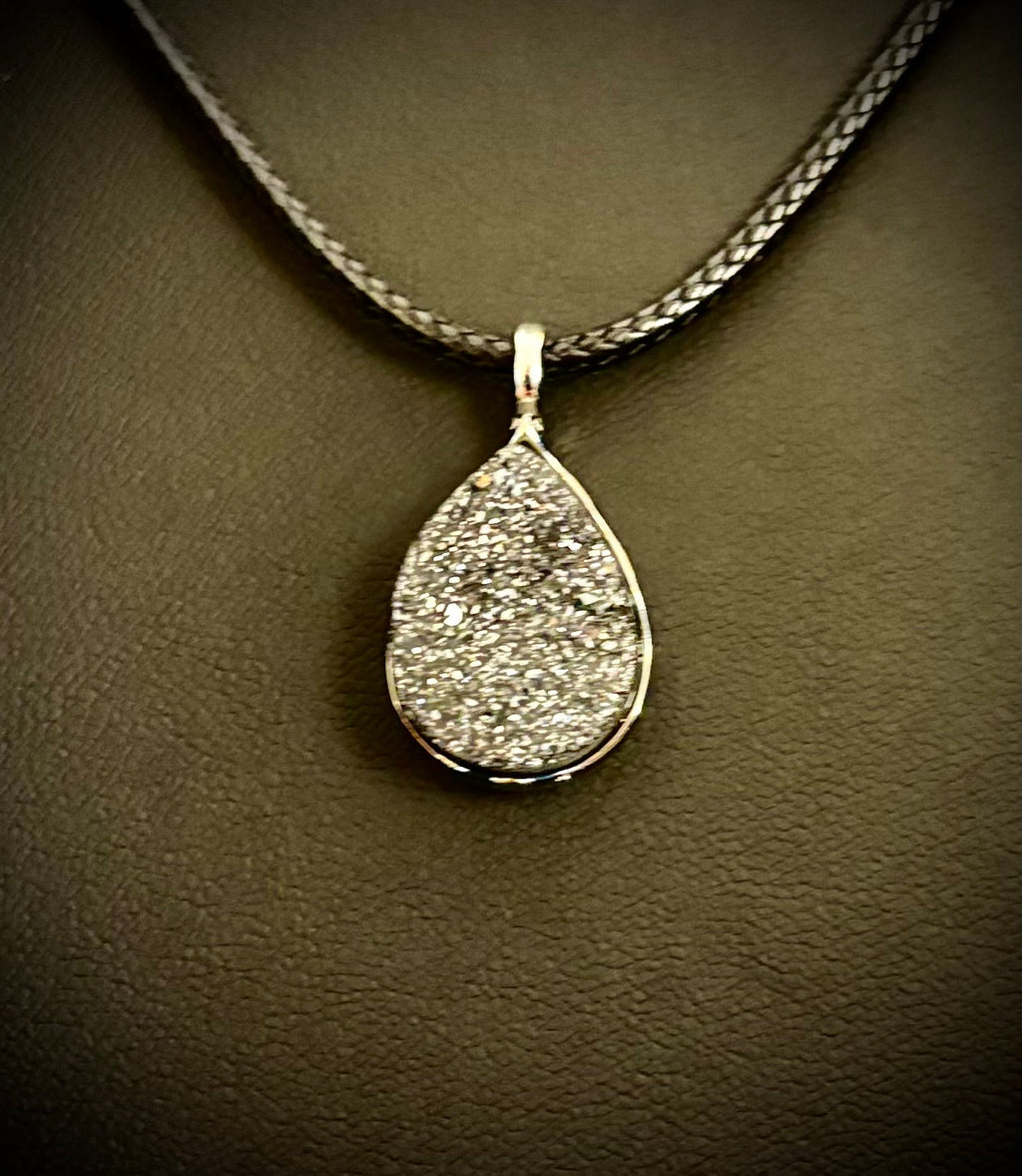 Silver Druzy Teardrop Pendant Necklace | Petite 18mm Pear-Shape Charm on 23” Cord | | Wiccan Center