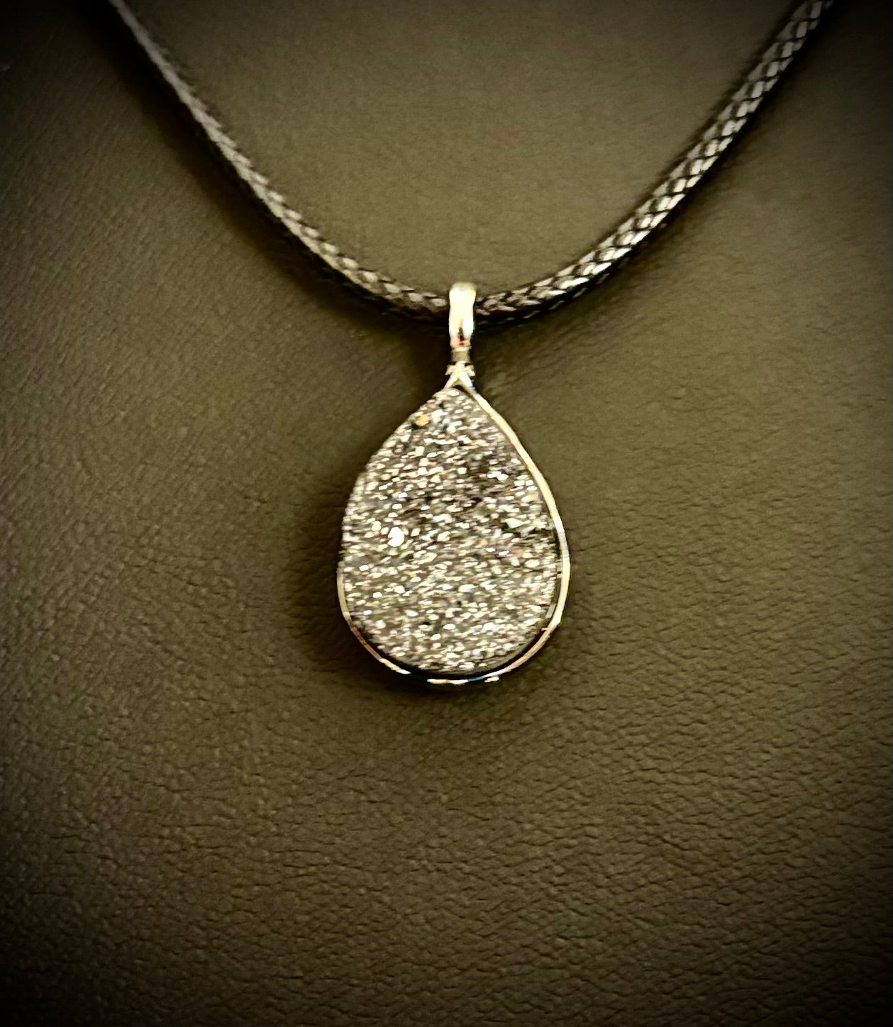 Silver Druzy Teardrop Pendant Necklace | Petite 18mm Pear-Shape Charm on 23” Cord | | Wiccan Center