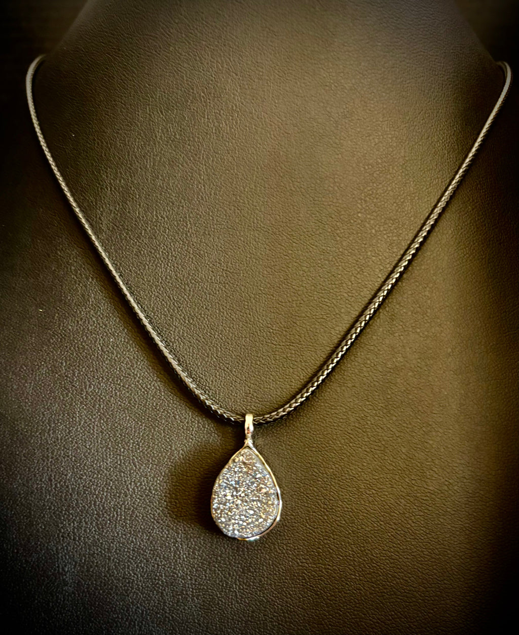 Silver Druzy Teardrop Pendant Necklace | Petite 18mm Pear-Shape Charm on 23” Cord | | Wiccan Center