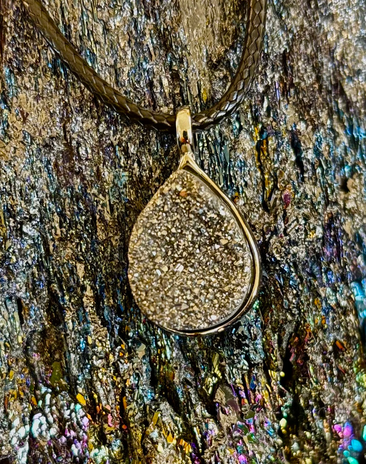 Silver Druzy Teardrop Pendant Necklace | Petite 18mm Pear-Shape Charm on 23” Cord | | Wiccan Center